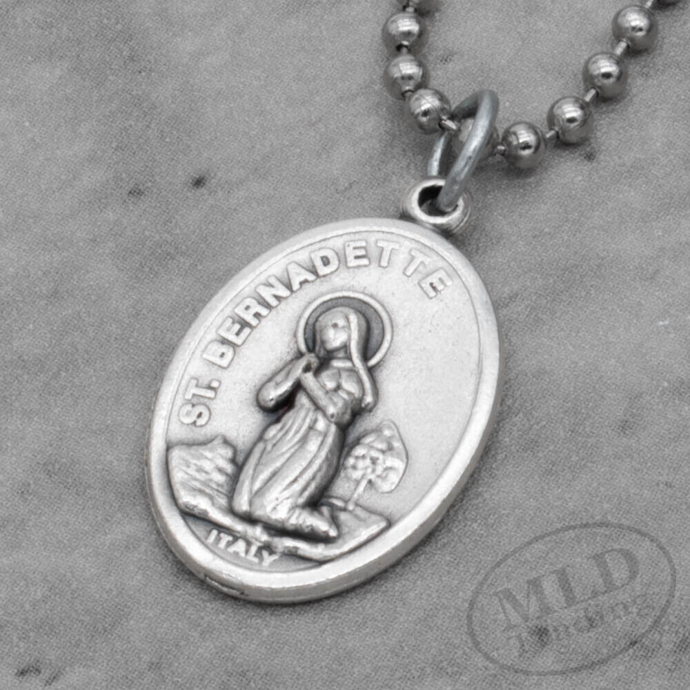 Our Lady of Lourdes / St. Bernadette Medal Silver Plated Pendant Necklace Italy