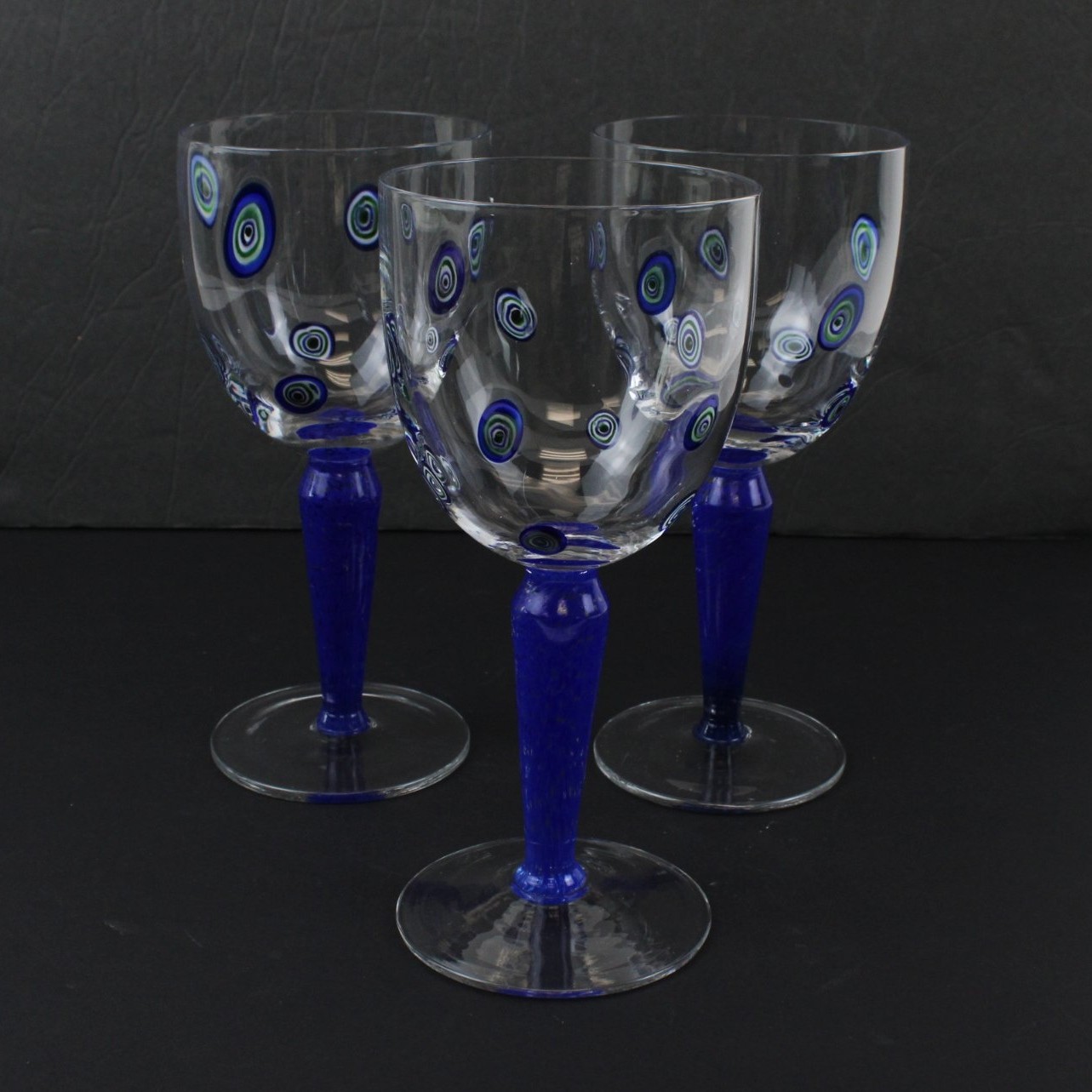 3 Vintage Millefiori Handblown Wine Glasses Cobalt Blue Stems