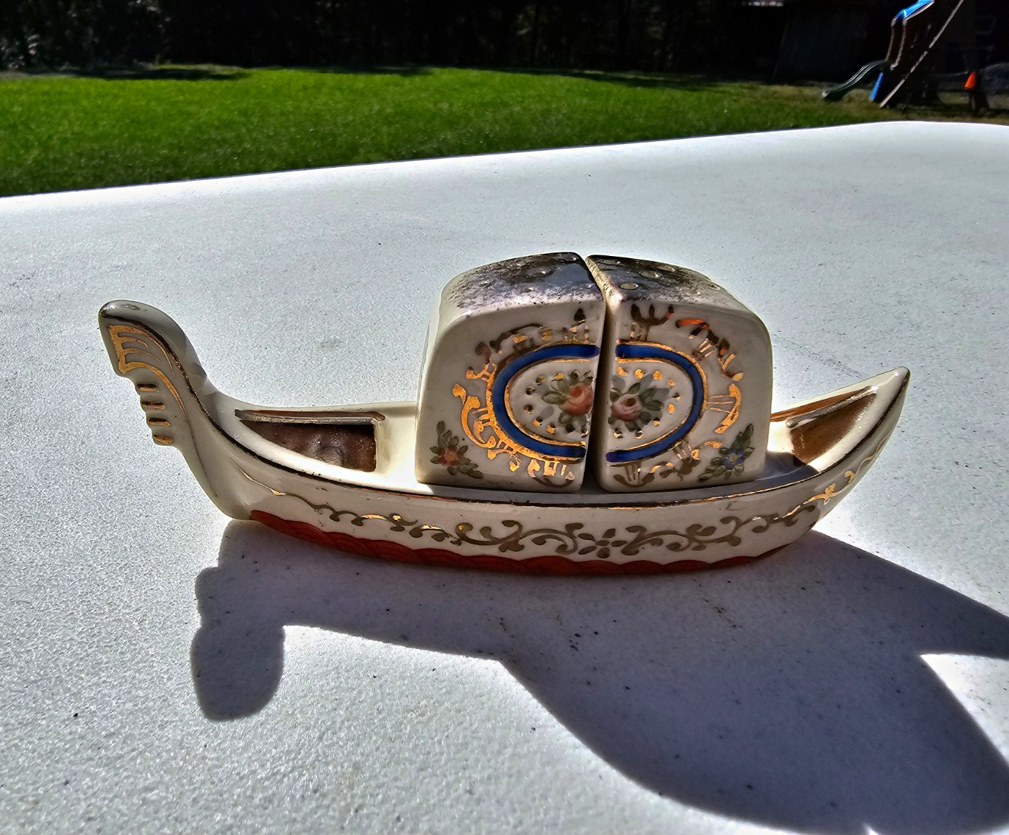 Occupied Japan Ceramic Hand Painted Floral Boat Salt & Pepper Shakers w Holder Occupied Japan Ceramic Hand Painted Floral Boat Salt & Pepper Shakers w Holder