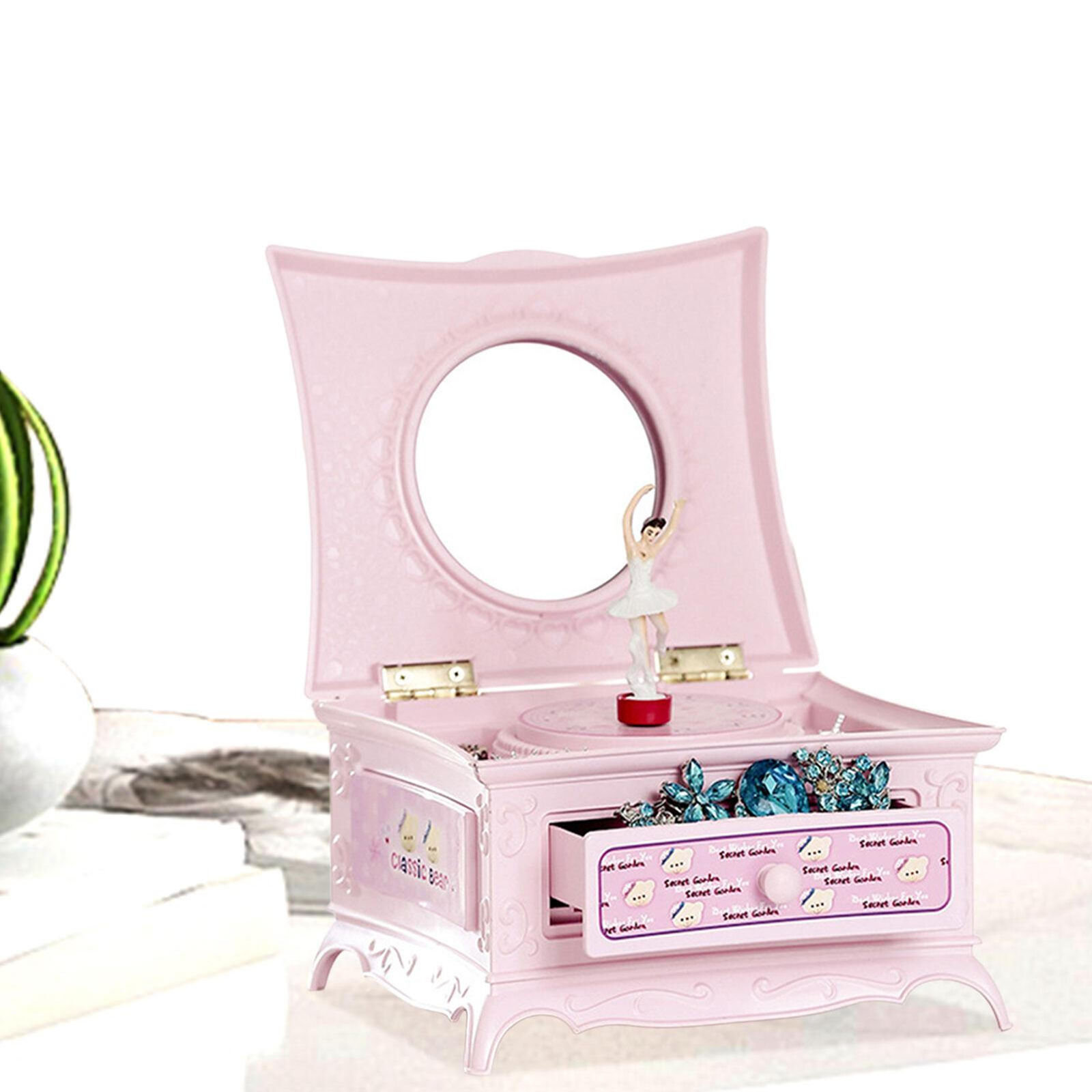 Pink Rotatable Dancing Ballerina Girl Makeup Mirror Music Box Jewelry Box+Drawer