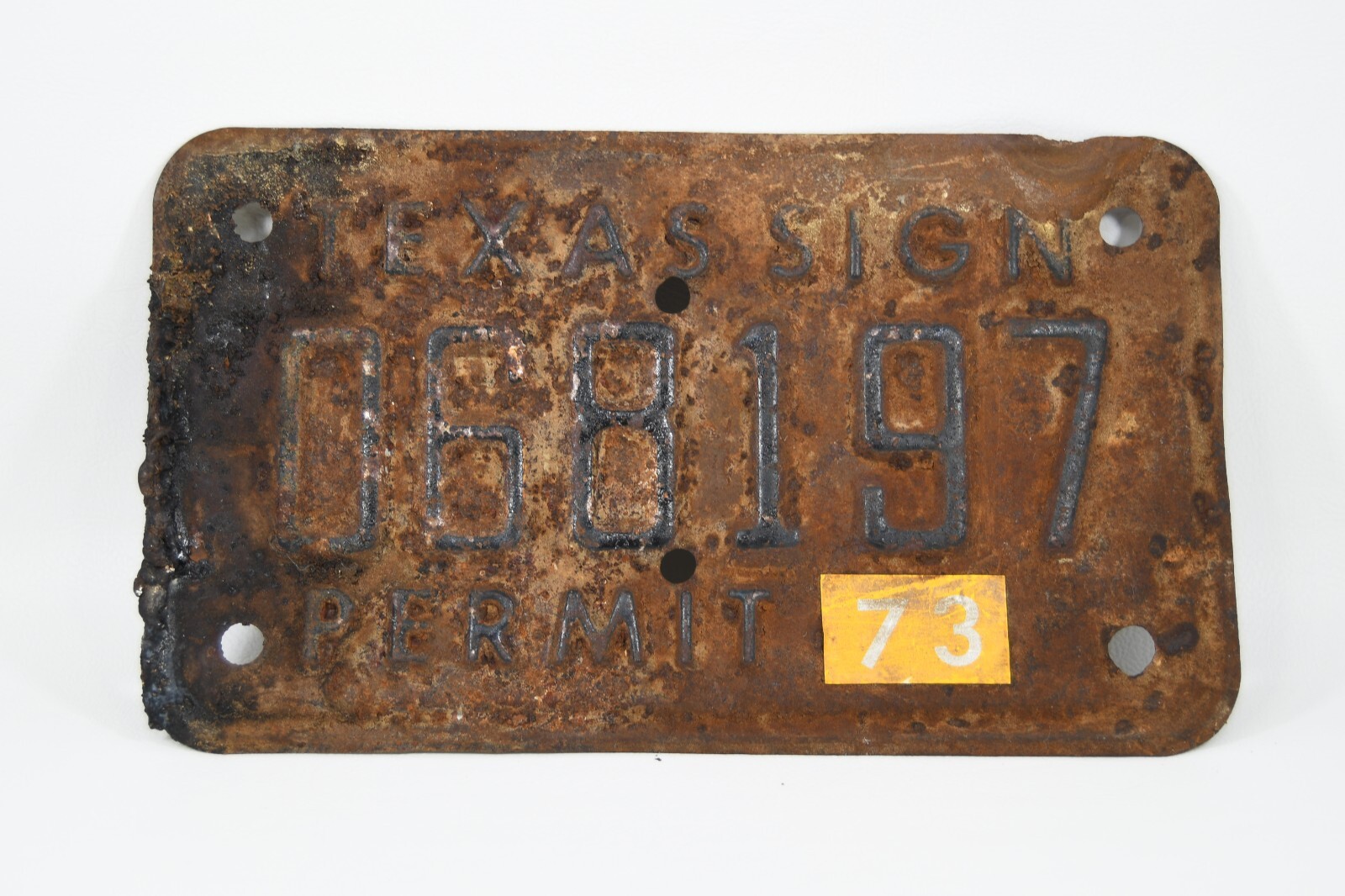 VTG Texas Sign Permit Embossed Thin License Plate Metal 1973 As Is with Tar