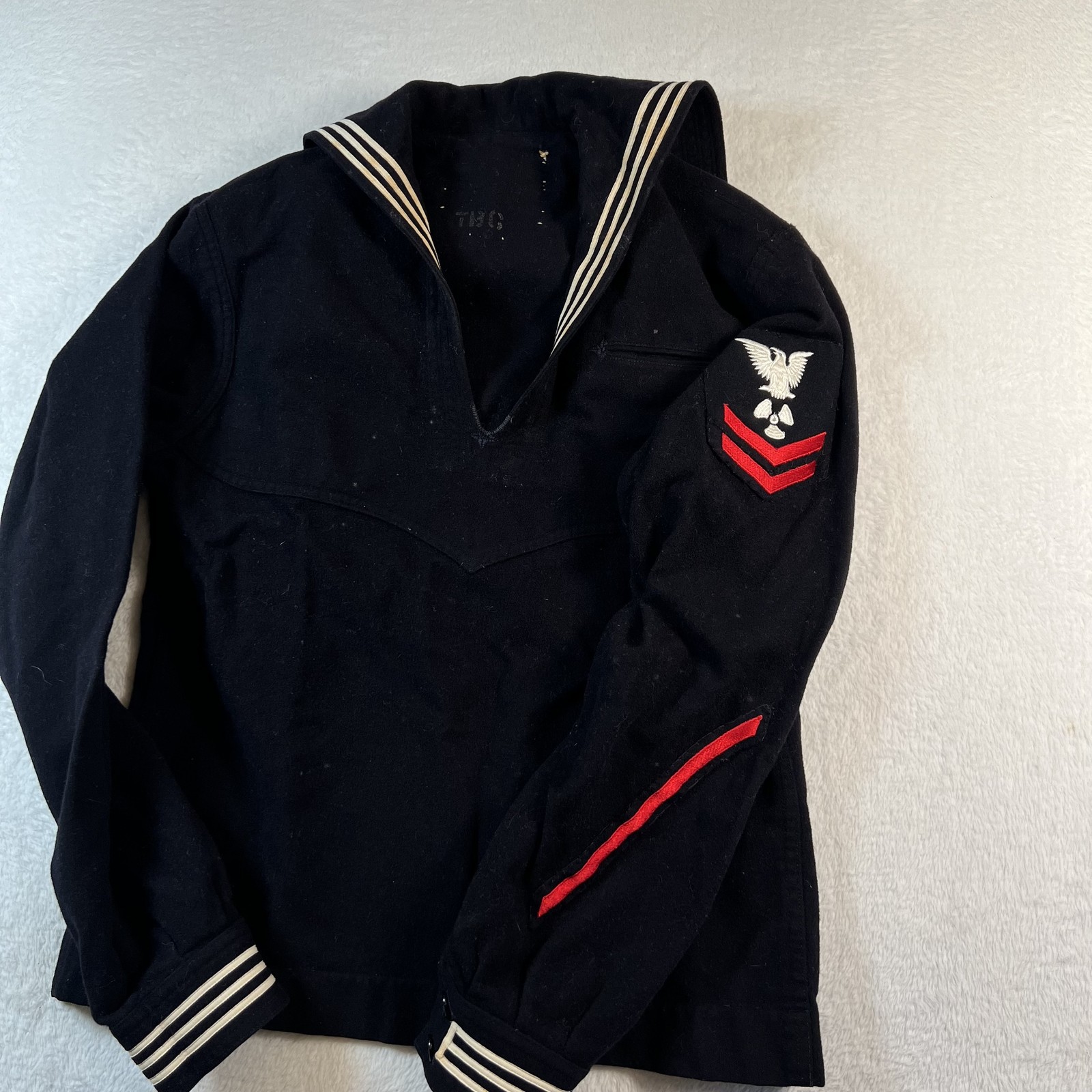 Vintage WWII US Navy Jumper Black Wool Uniform Radiation Rating Patch USA