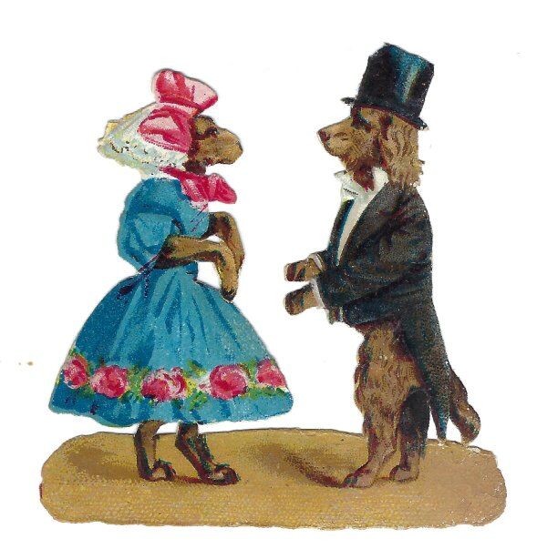 1888 Chromo decoupis, Victorian DOG COUPLE DANCE, Antique Die-Cut Scrap, 2-3/4