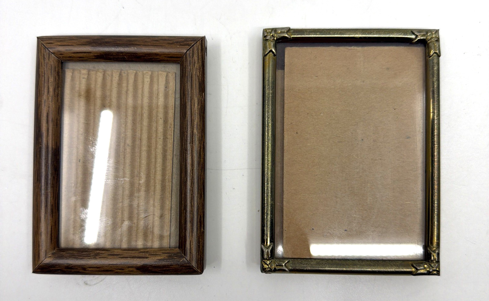 Vintage Lot of 2 Mini Metal Picture Frames 2x3 Faux Wood Ornate Brass Intercraft