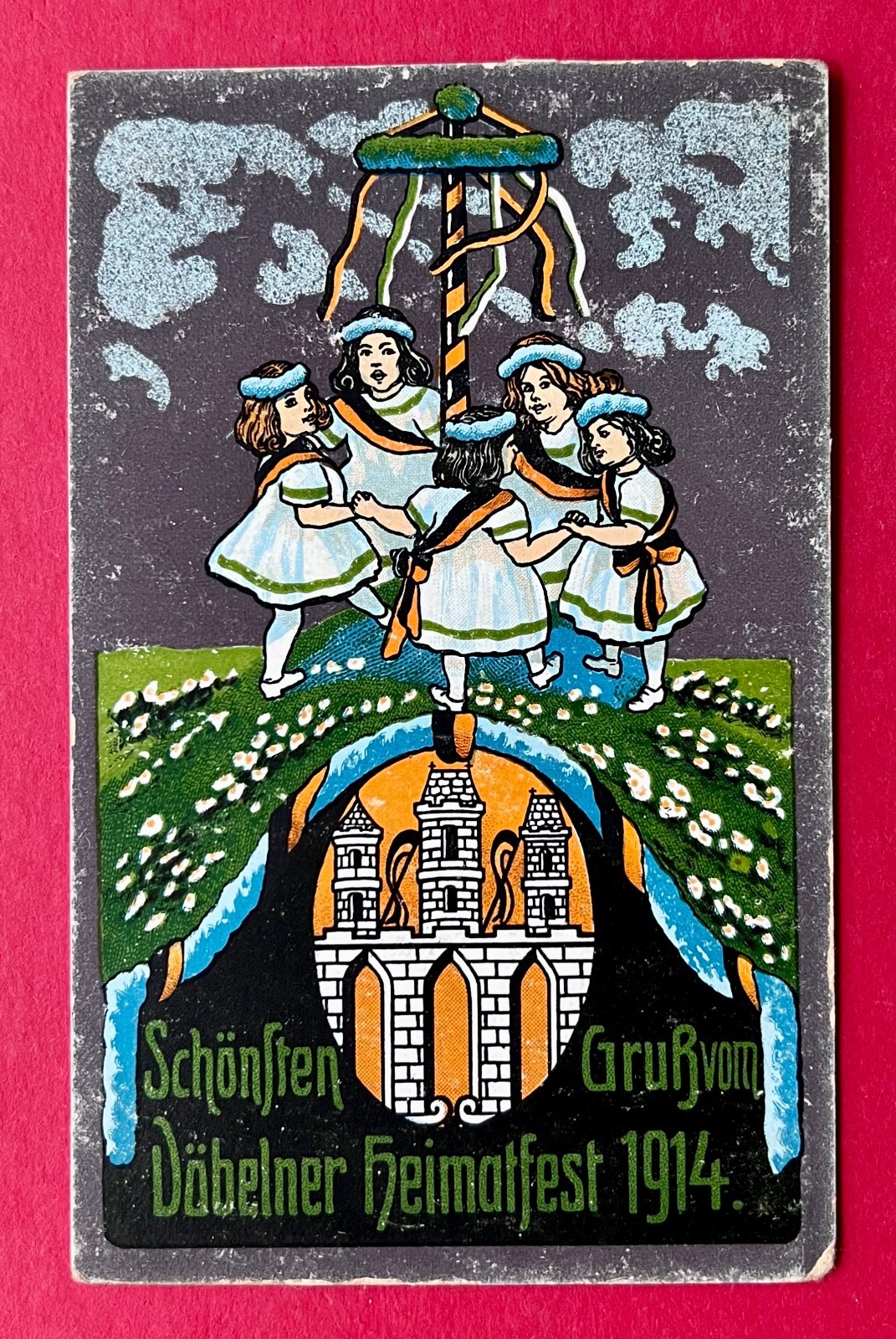 Occasion postcard DÖBELN around 1914 Döbelner home festival with dancing children (182057 Occasion postcard DÖBELN around 1914 Döbelner home festival with dancing children (182057