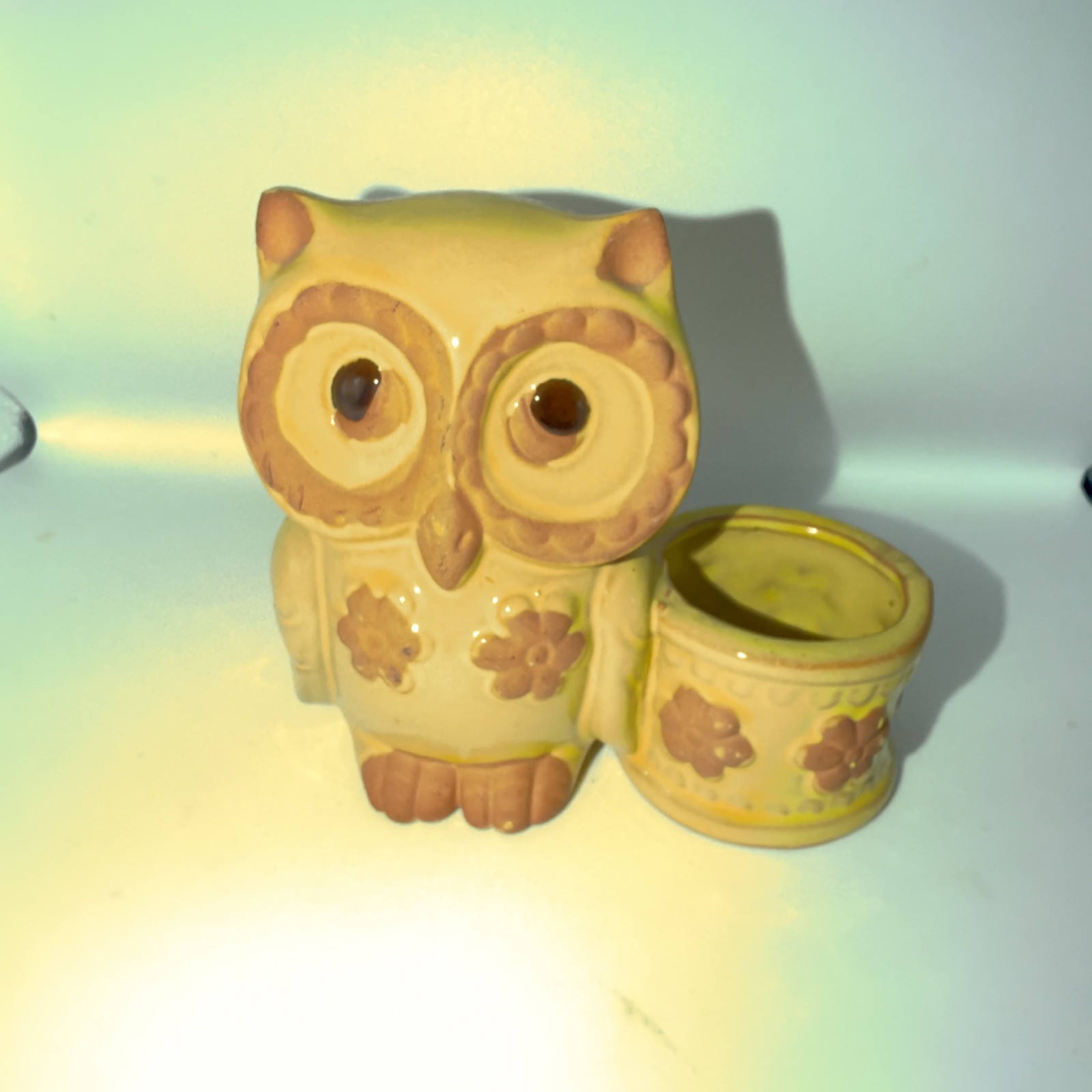 Vintage Small Owl Planter Yellow Glaze Red Clay Pottery JCPenney