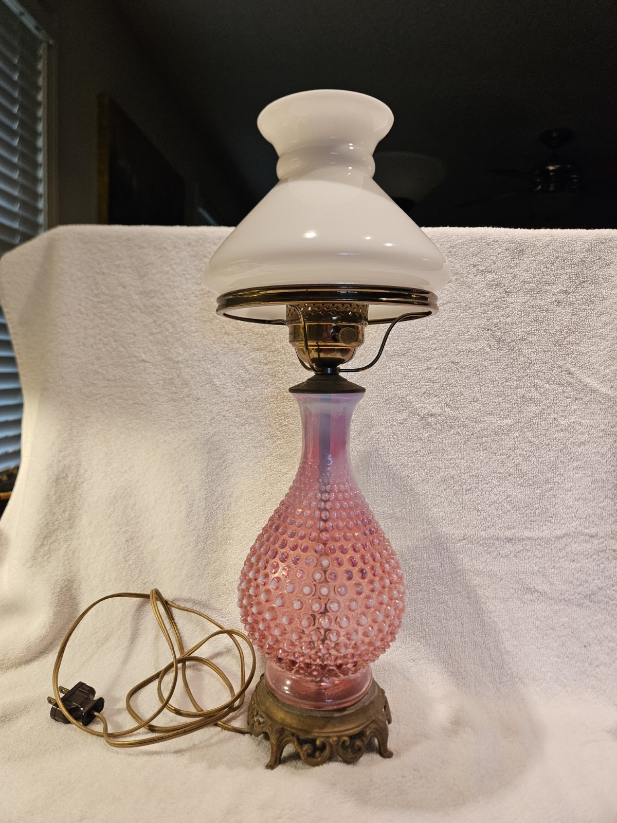 Fenton Cranberry Hobnail Lamp not original shade.