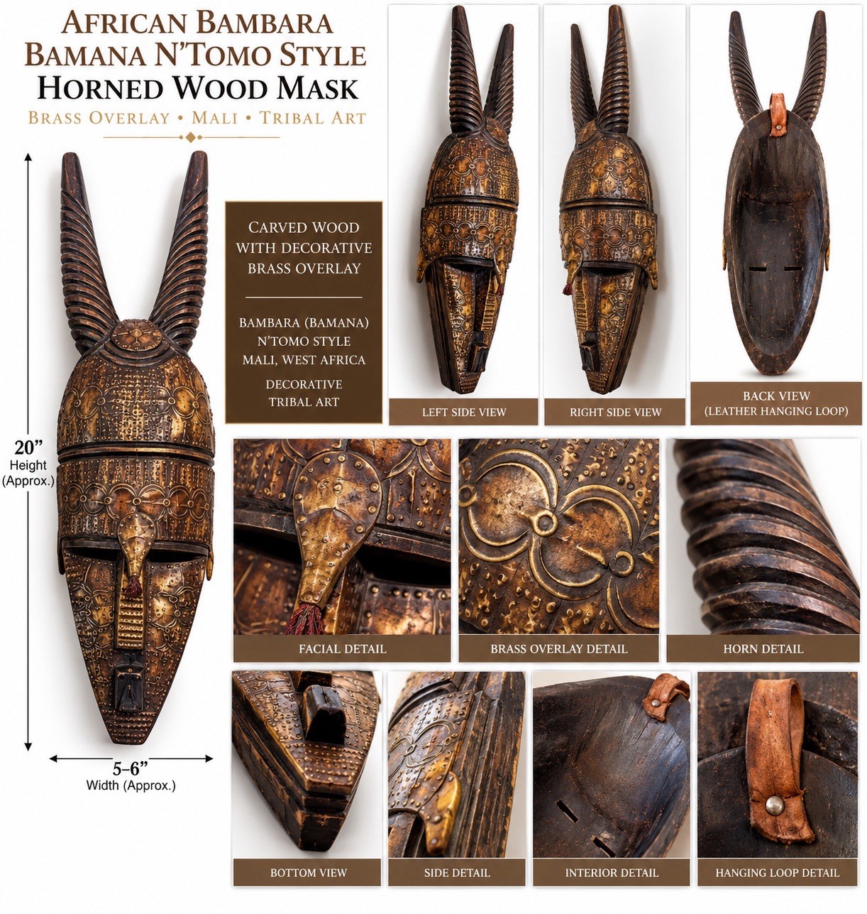 African Bambara Bamana N’tomo Style Horned Wood Mask Brass Overlay Mali Wall Art
