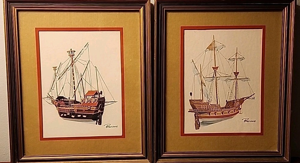 Vintage Lot Of 2 Barone Carrack Gallon Sailing Ships Gilded 1960’s  Signed MCM