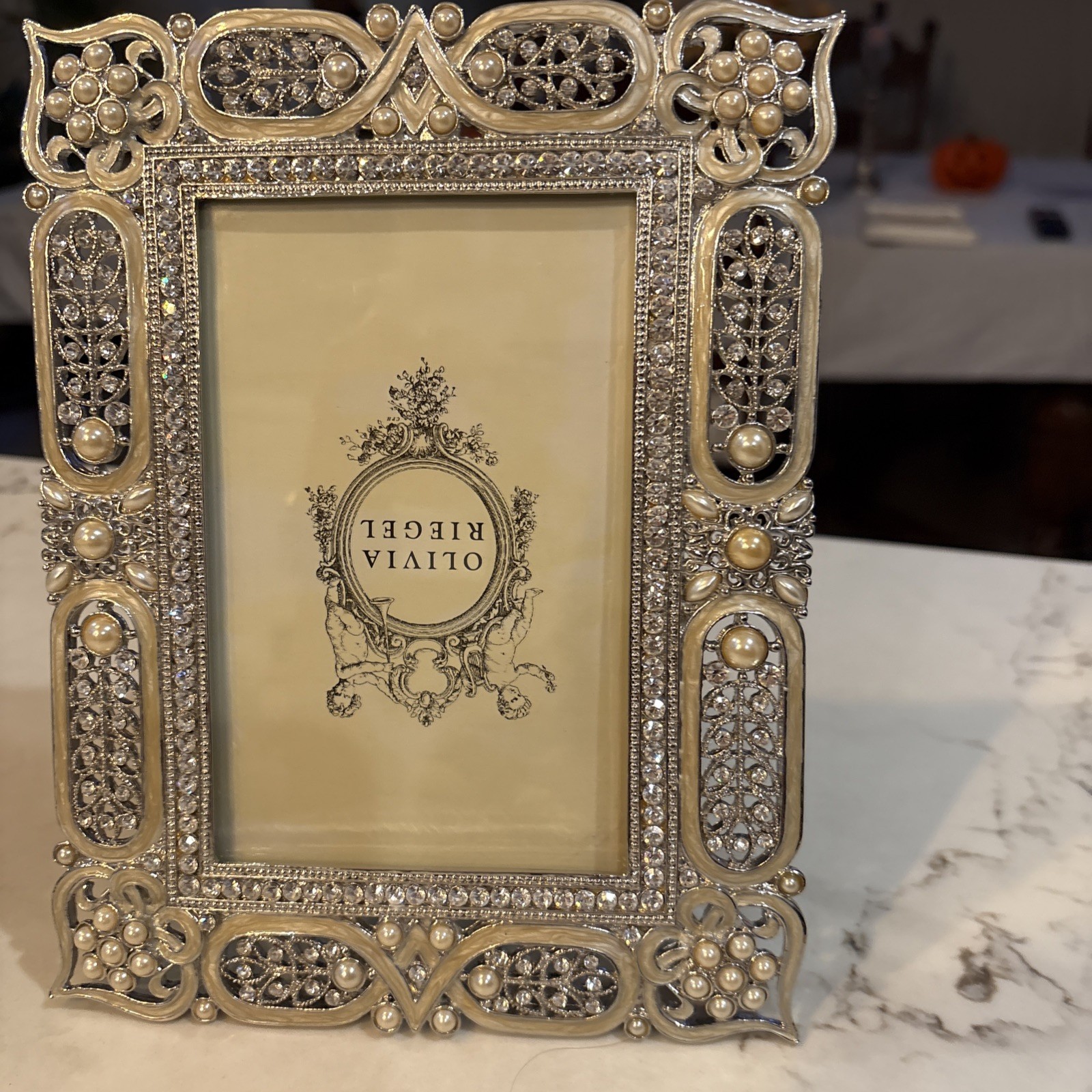 Olivia Riegel Pearl Crystal Jeweled Silver Tone Picture Frame 6 x 8” For 4 x 6”