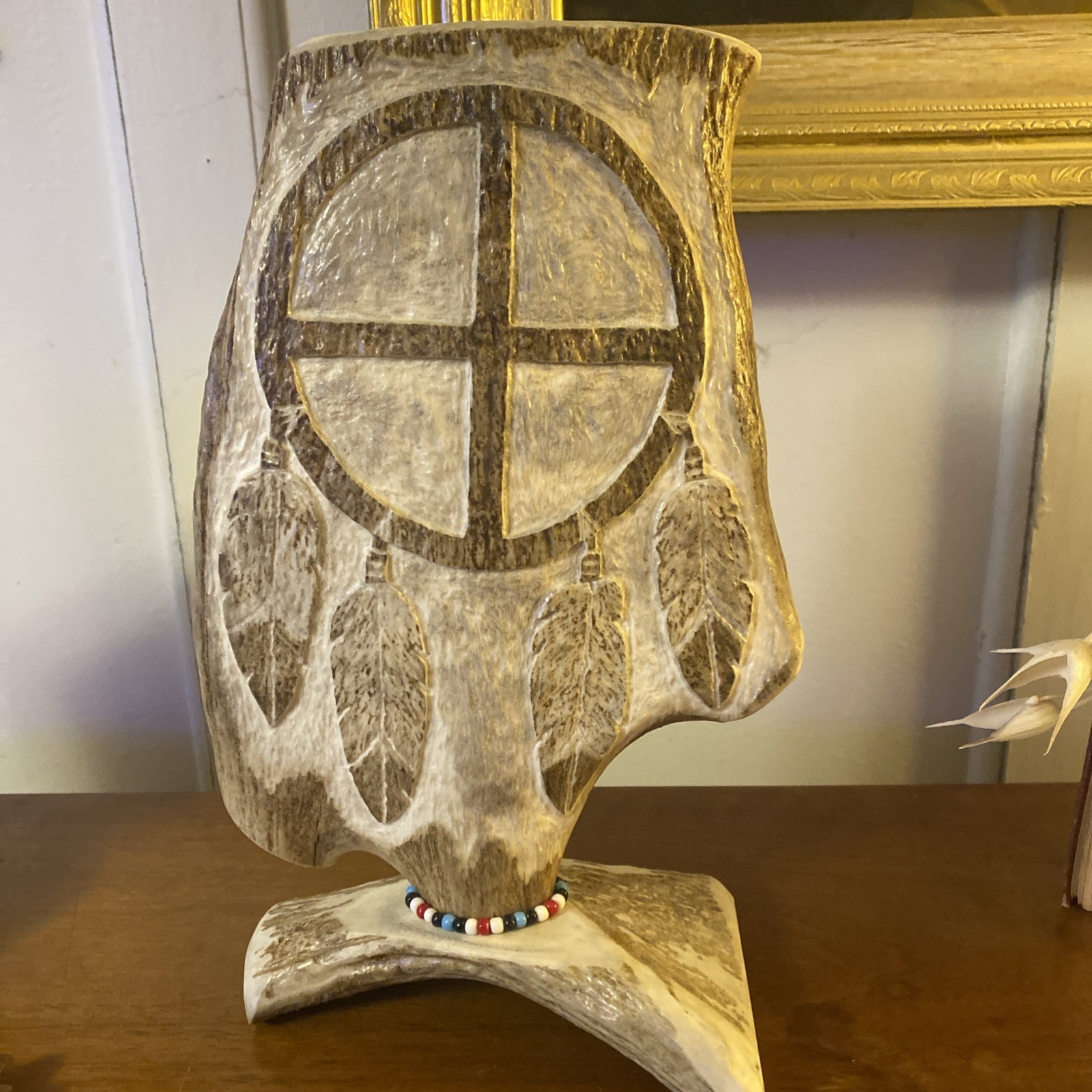 Vintage 1998 Signed 'Trail Walker' Moose Antler Medicine Wheel Carving
