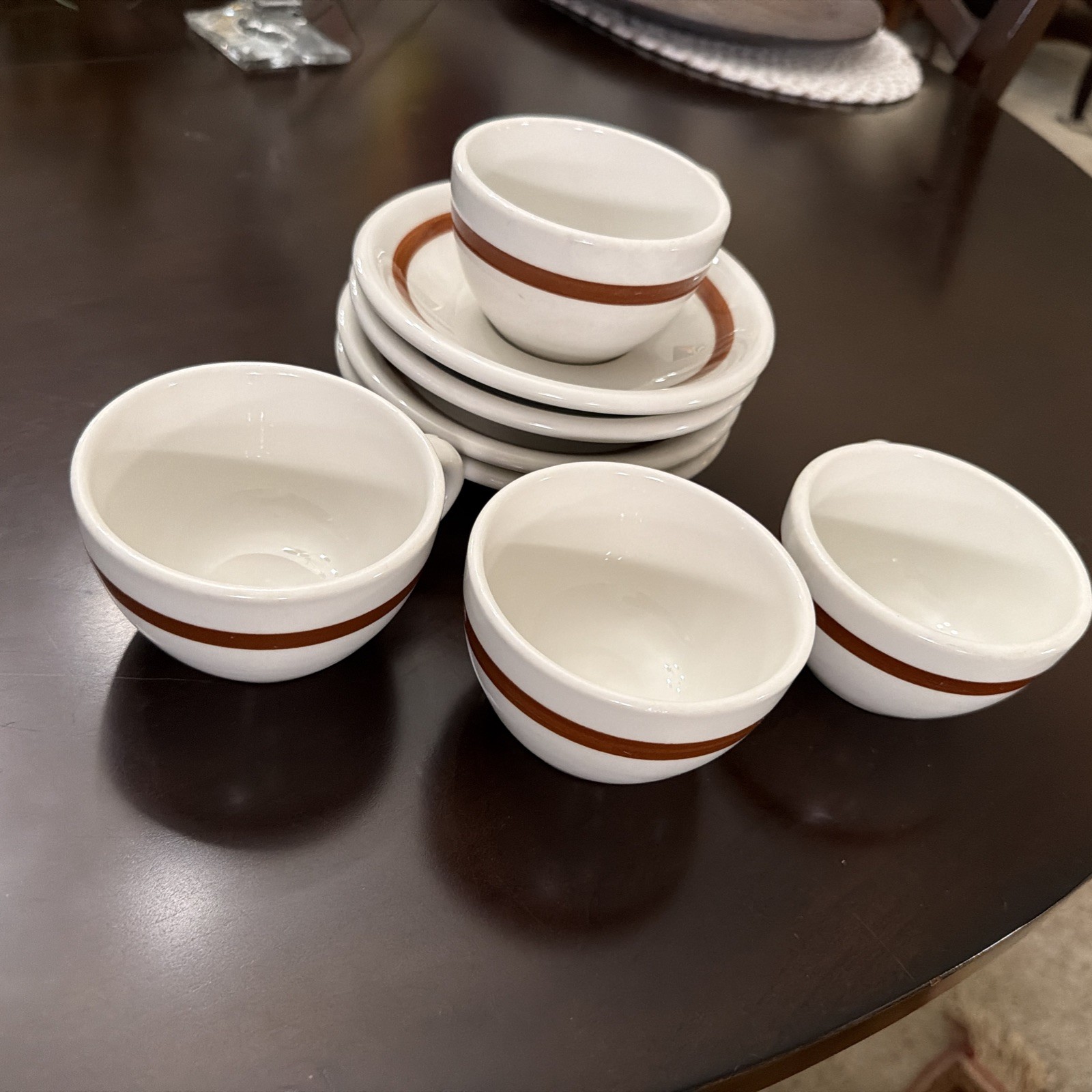 Vtg McNicol China 4 Each Coffee Cup & Sauce White/Brown Stripe 1960\'s USA