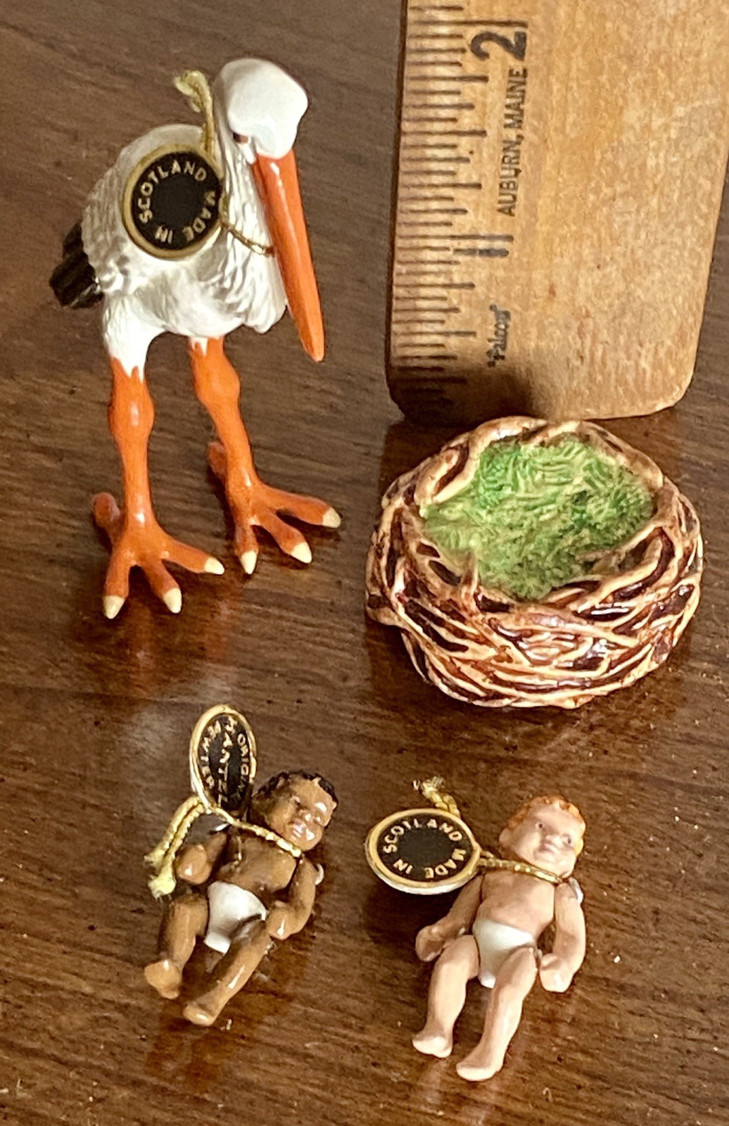 Lot 4 VTG Hantel Pewter 2” Stork , Nest & 2 Babies Tagged New