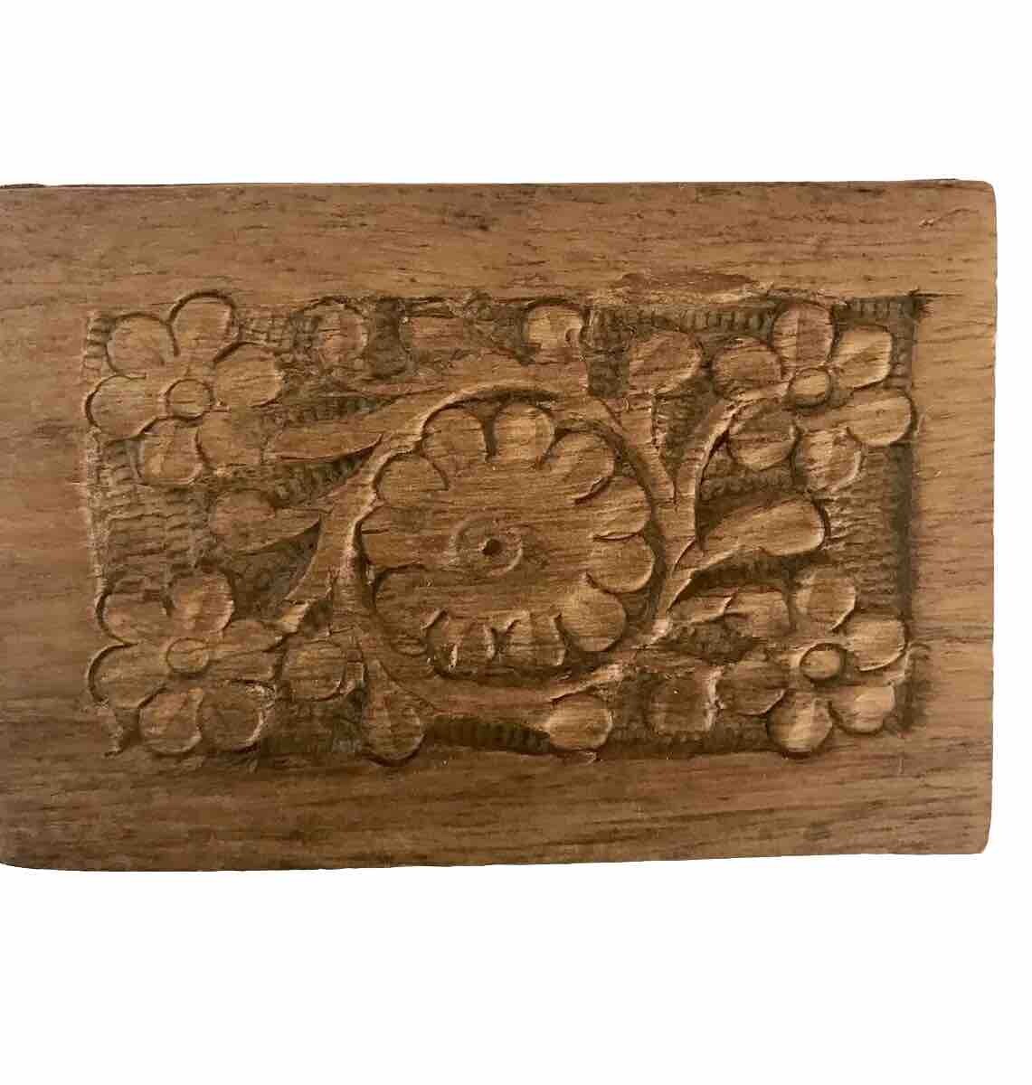 VNTG 1970s India Wood Jewelry Trinket Box Carved Flowers MCM