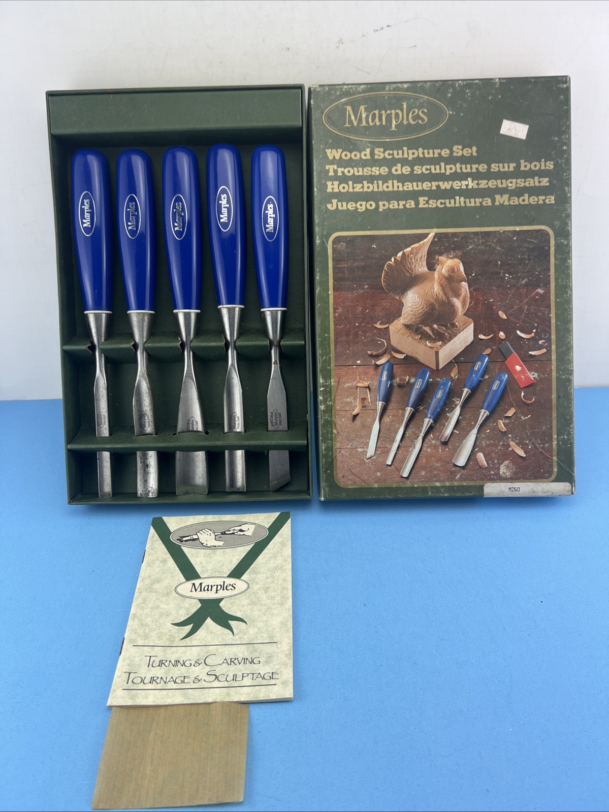 VINTAGE MARPLES M260 5PC WOOD SCULPTURECHISEL SET.