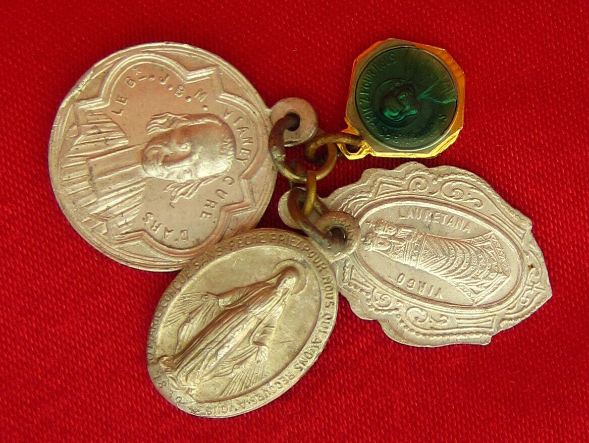 4 Vintage Religious Medals MARY MIRACULOUS LORETO SAINT VIANNEY Medals Aluminum