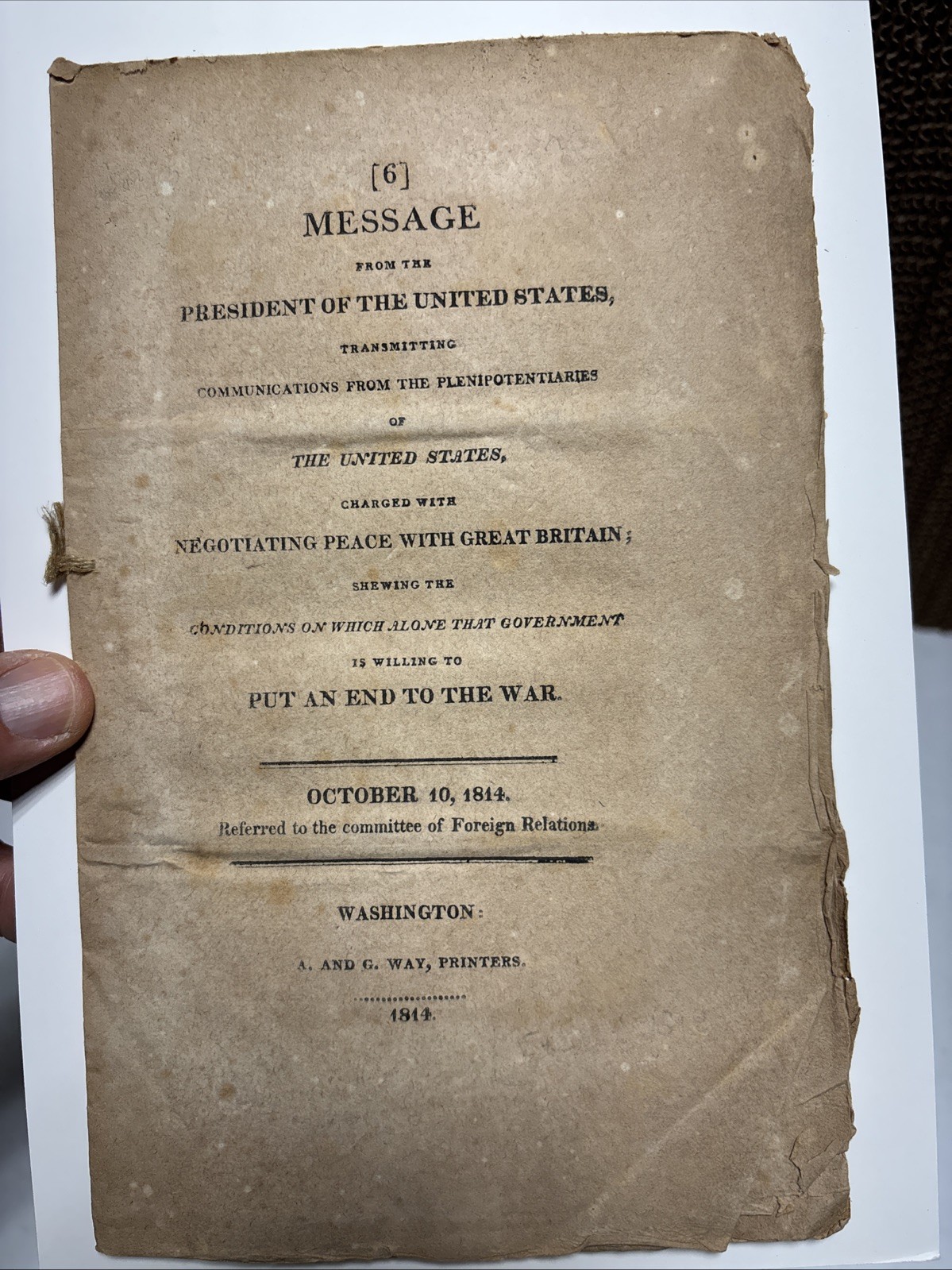 US Government Doc. War of 1812 Negotiating Peace with Britain Washington 1814 US Government Doc. War of 1812 Negotiating Peace with Britain Washington 1814