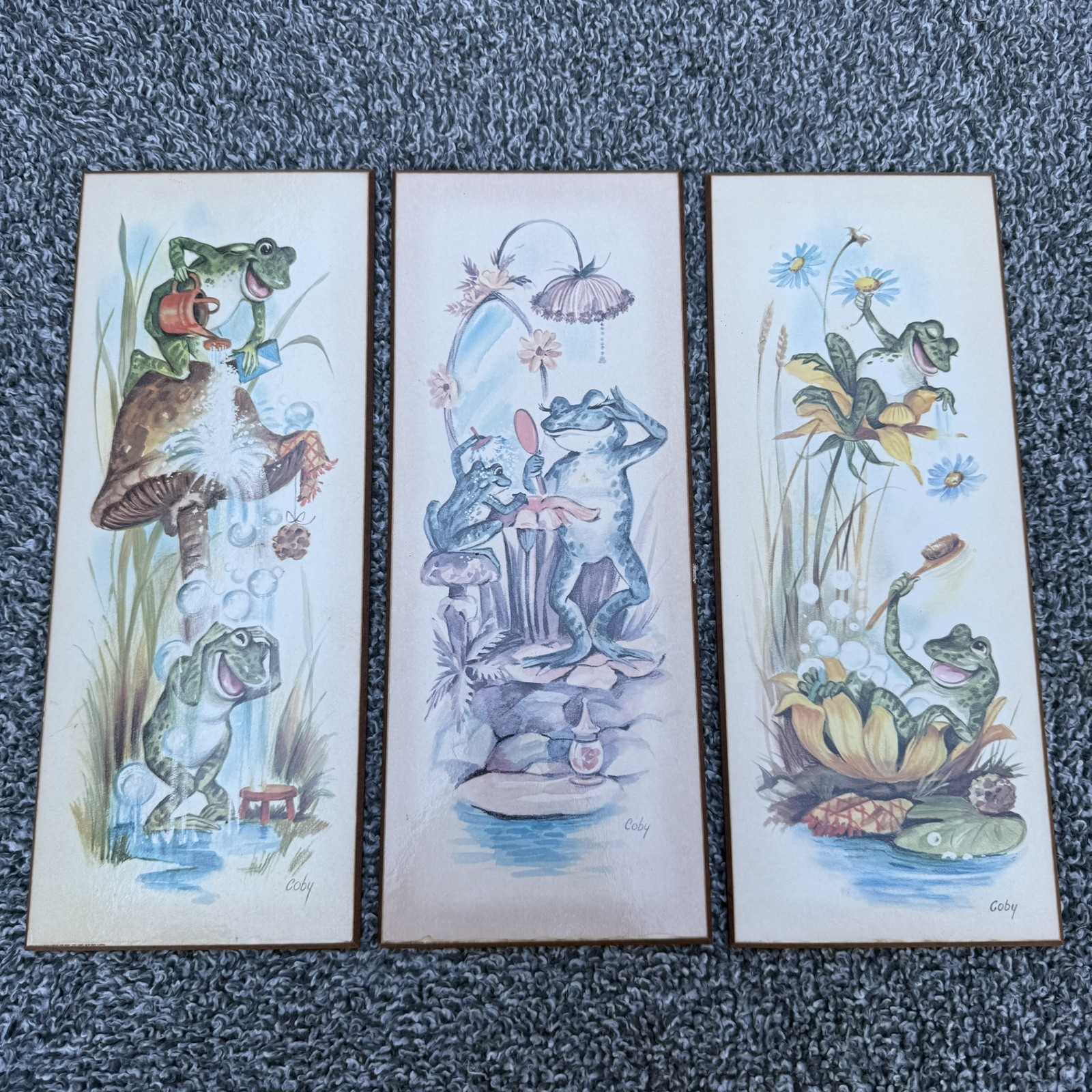 Vintage Bathing Frogs Bathroom Wall Art Coby Anthropomorphic 1970s Set of 3