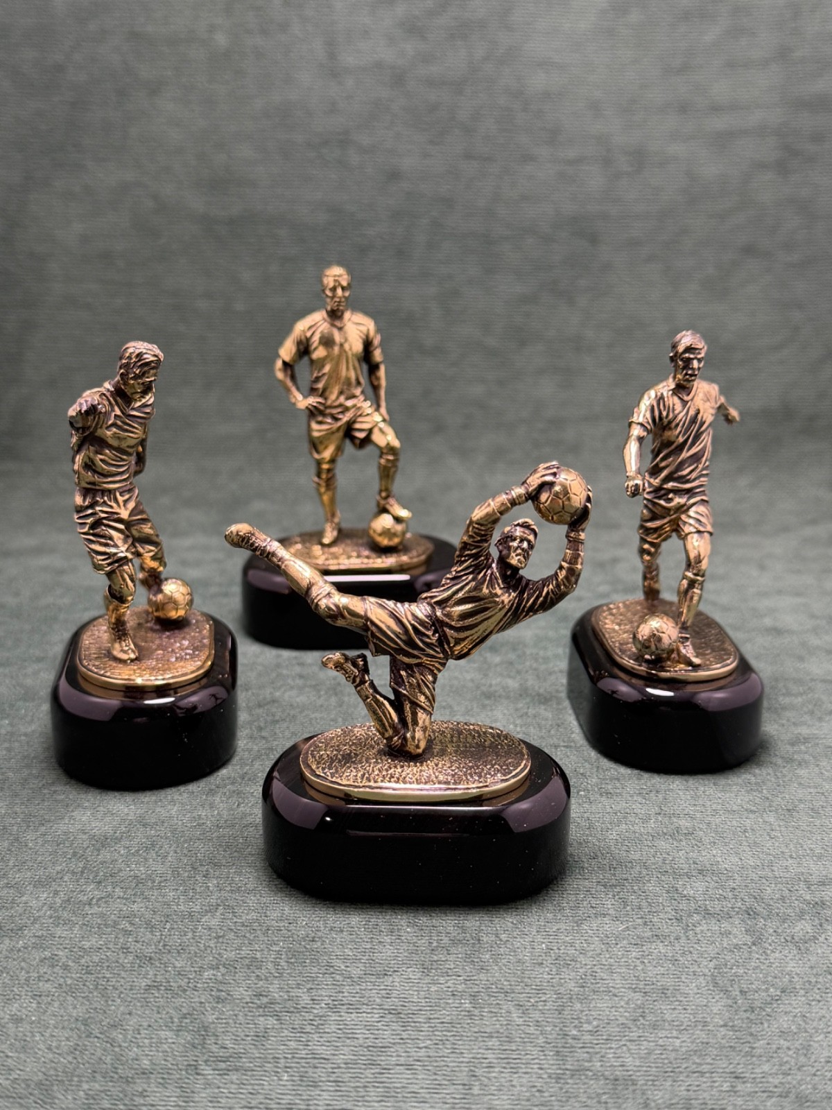 Art Deco  Football Players Set Statuette Cast Bronze Figurines Base In Obsidian