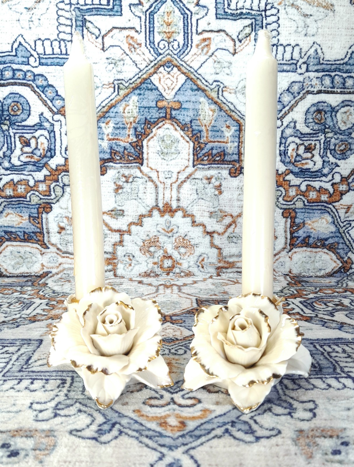 Avon China “Winter Rose” Porcelain W/ Gold Leafing Candlestick Holders + Candles