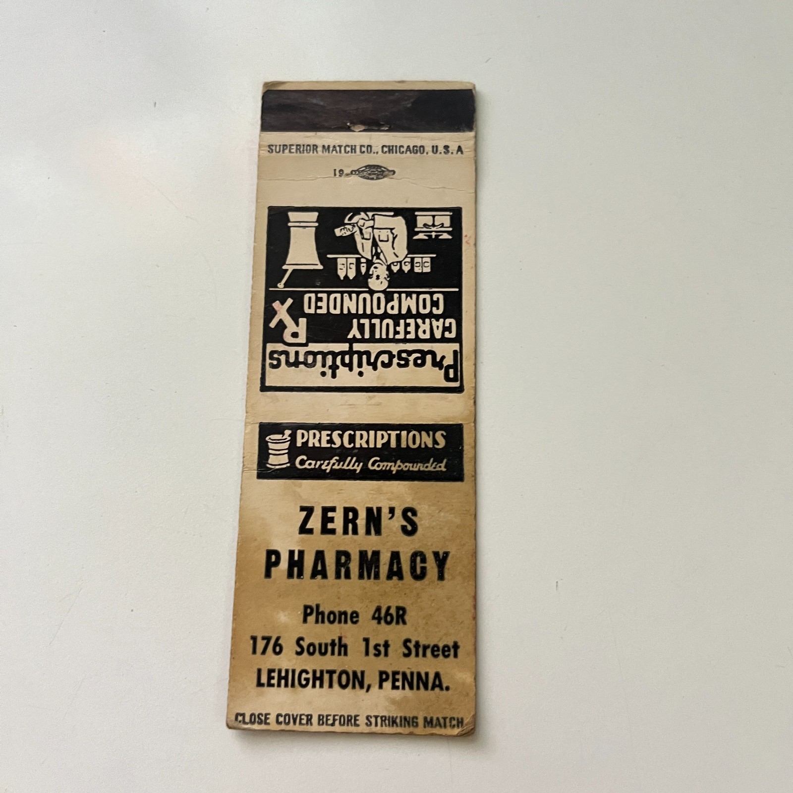 Zern's Pharmacy 176 South 1st St Lehighton Penna Vintage Matchbook Cover TMB82-4