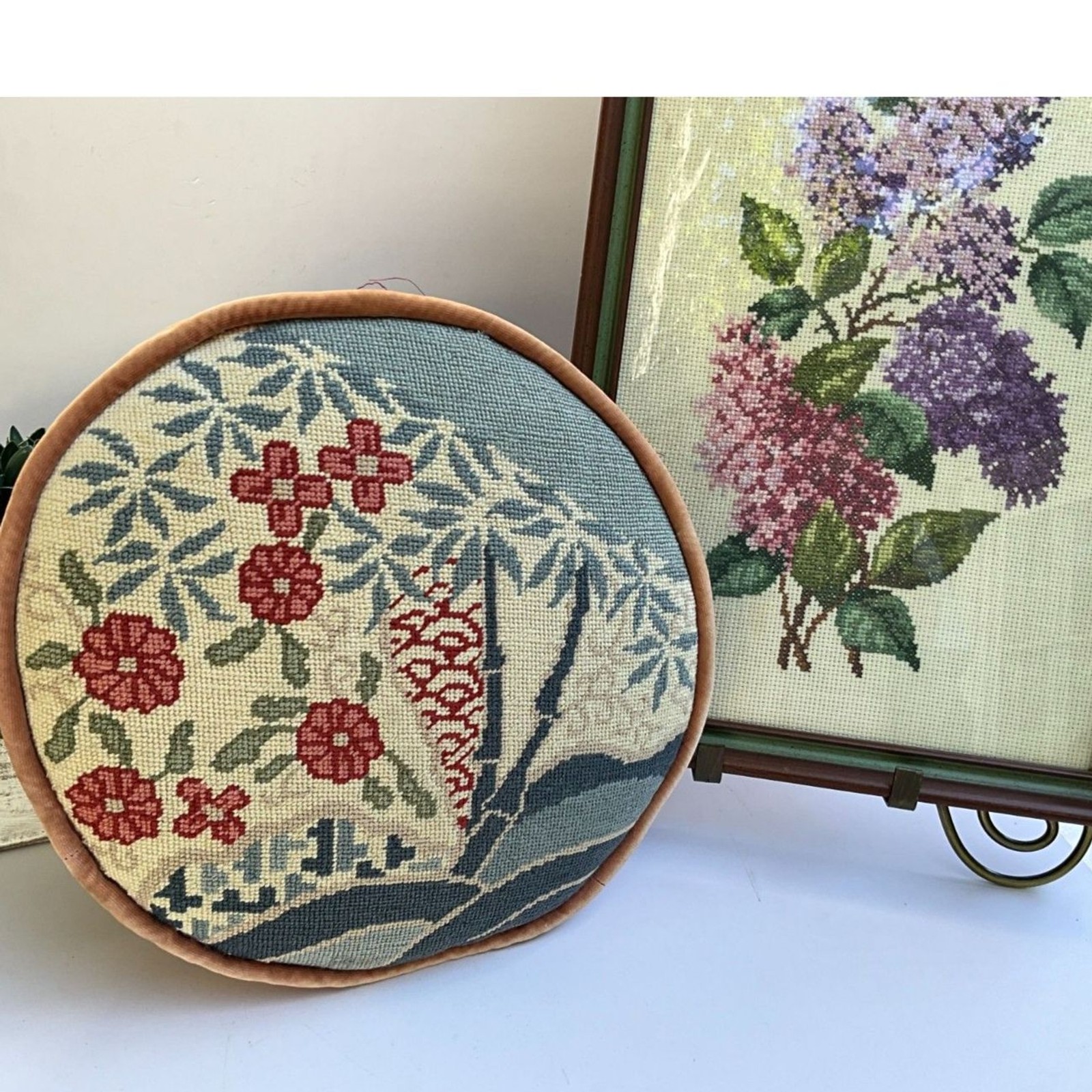 Vintage round needlepoint pillow trees and flowers funky 1950\'s needlepoint