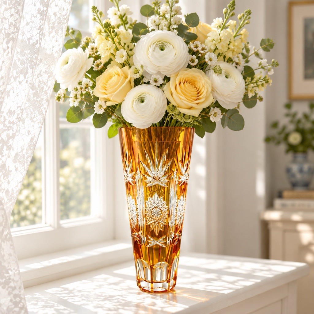 A vintage Bohemian amber cut-to-clear crystal vase with geometric star motifs. A vintage Bohemian amber cut-to-clear crystal vase with geometric star motifs.
