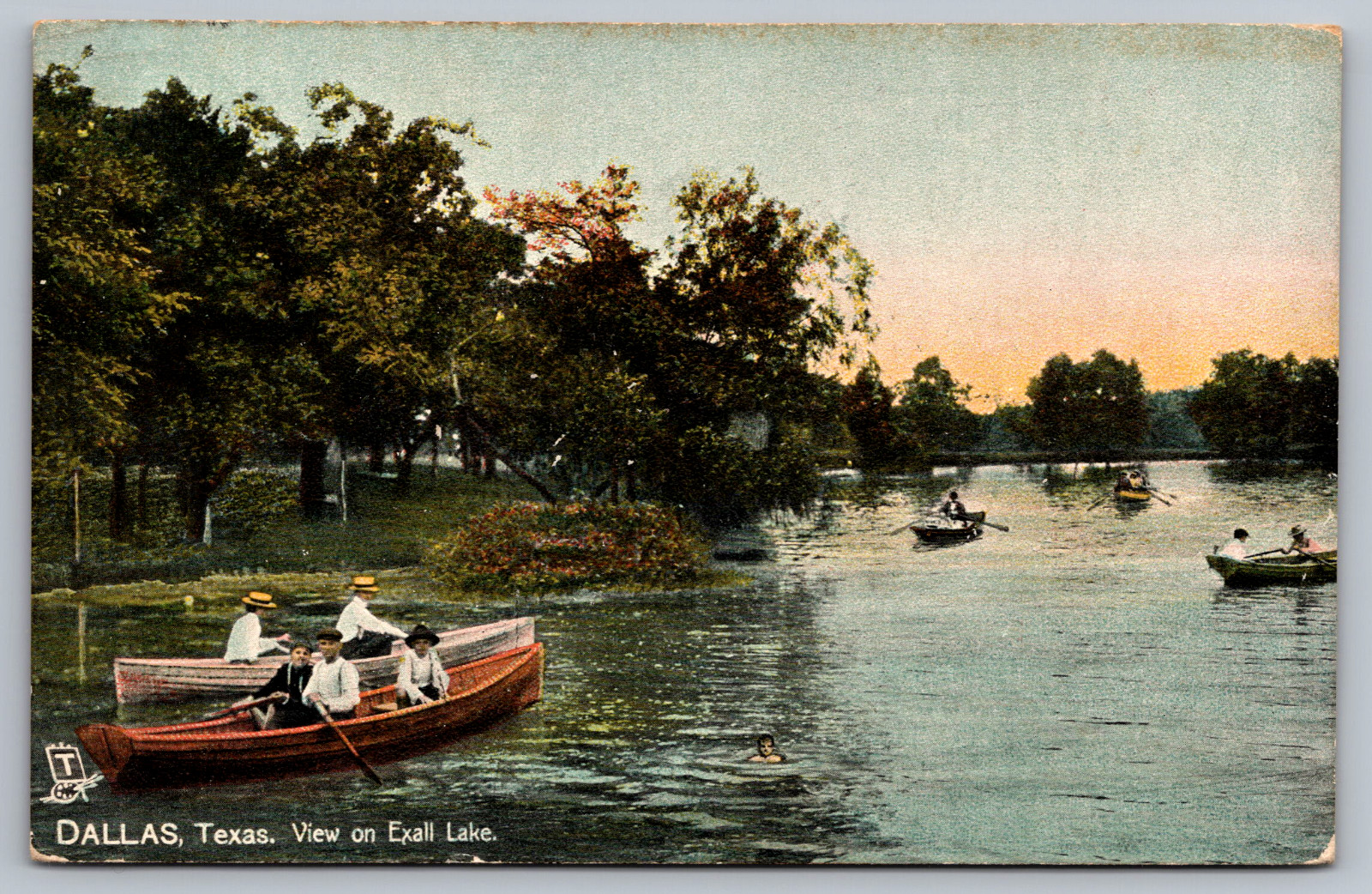 Postcard View on Exall Lake Canoes Dallas Texas
