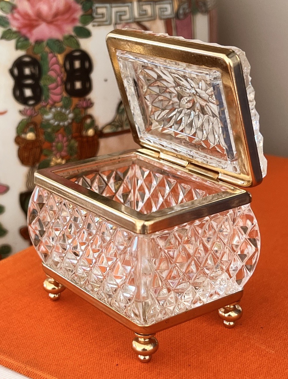 Vintage French Diamond Cut Crystal Jewelry Casket Brass Hinged Trinket Box Gilt