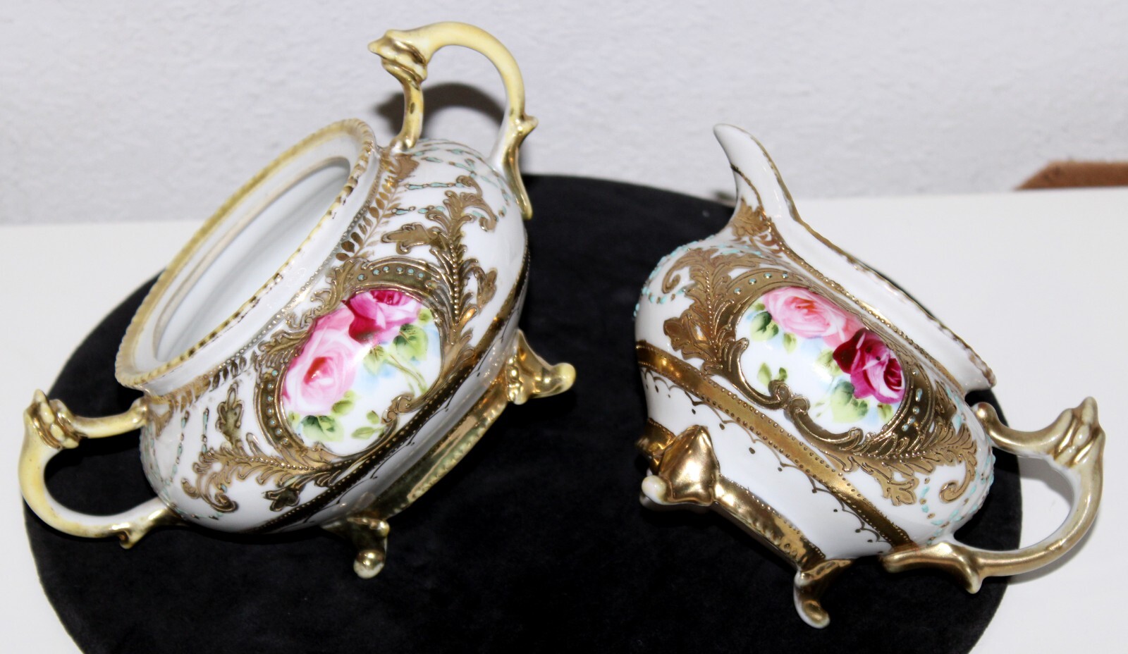 Nippon Sugar Creamer Gold Encrusted Hand Painted Red Pink Roses Blue Flower Mark