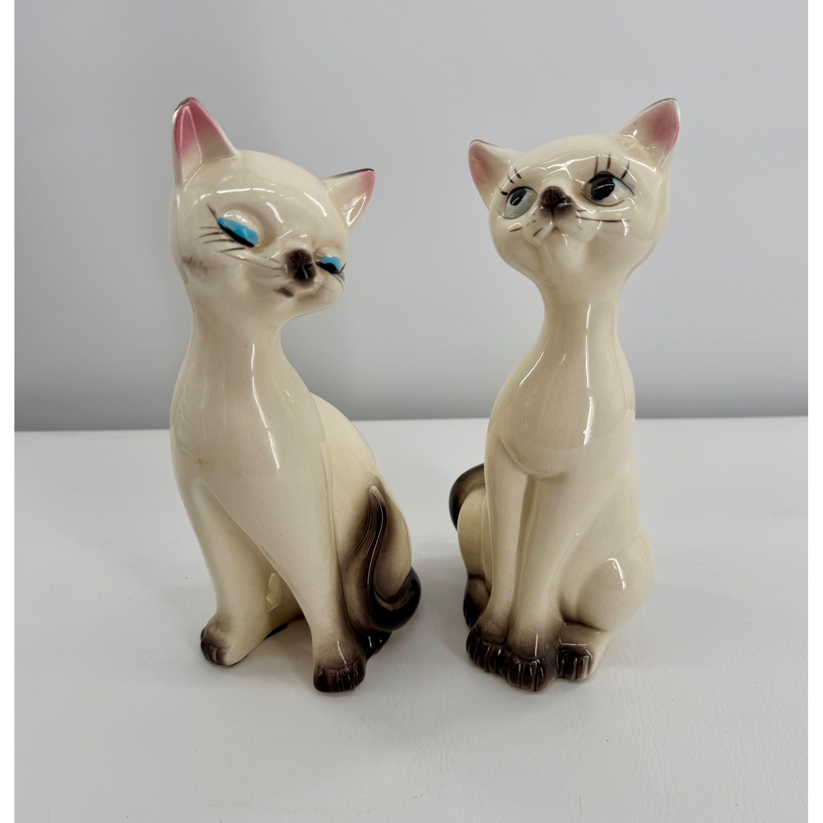 Vintage Siamese Cat Figurines Set 2 Cream Brown MCM Ceramic Statues Japan 10