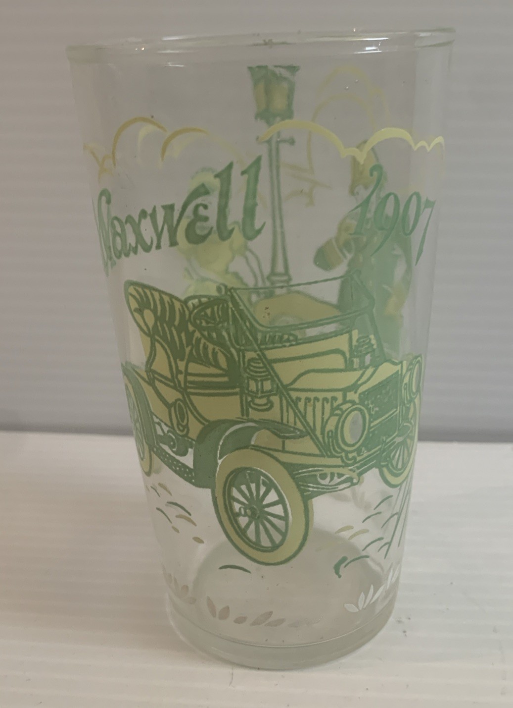 Vintage Hazel Atlas Antique Car Glass Tumbler - Green 1907 Maxwell MCM Barware