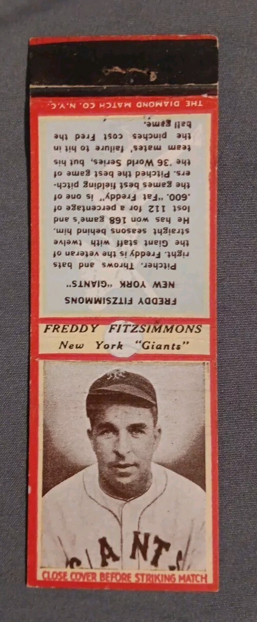 1934 Freddy Fitzsimmons Baseball Matchbook Red Border New York Giants 