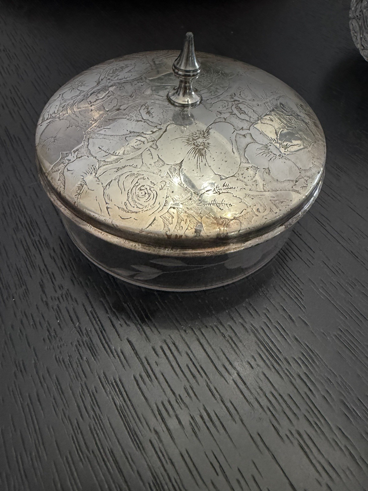 Vintage Floral Etched Silver Lid Glass Powder Jar