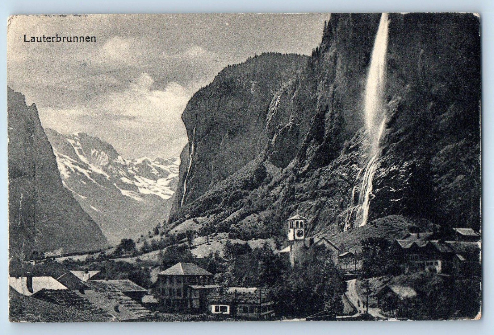Bern Switzerland Postcard Lauterbrunnen Town Mountain Falls View 1914