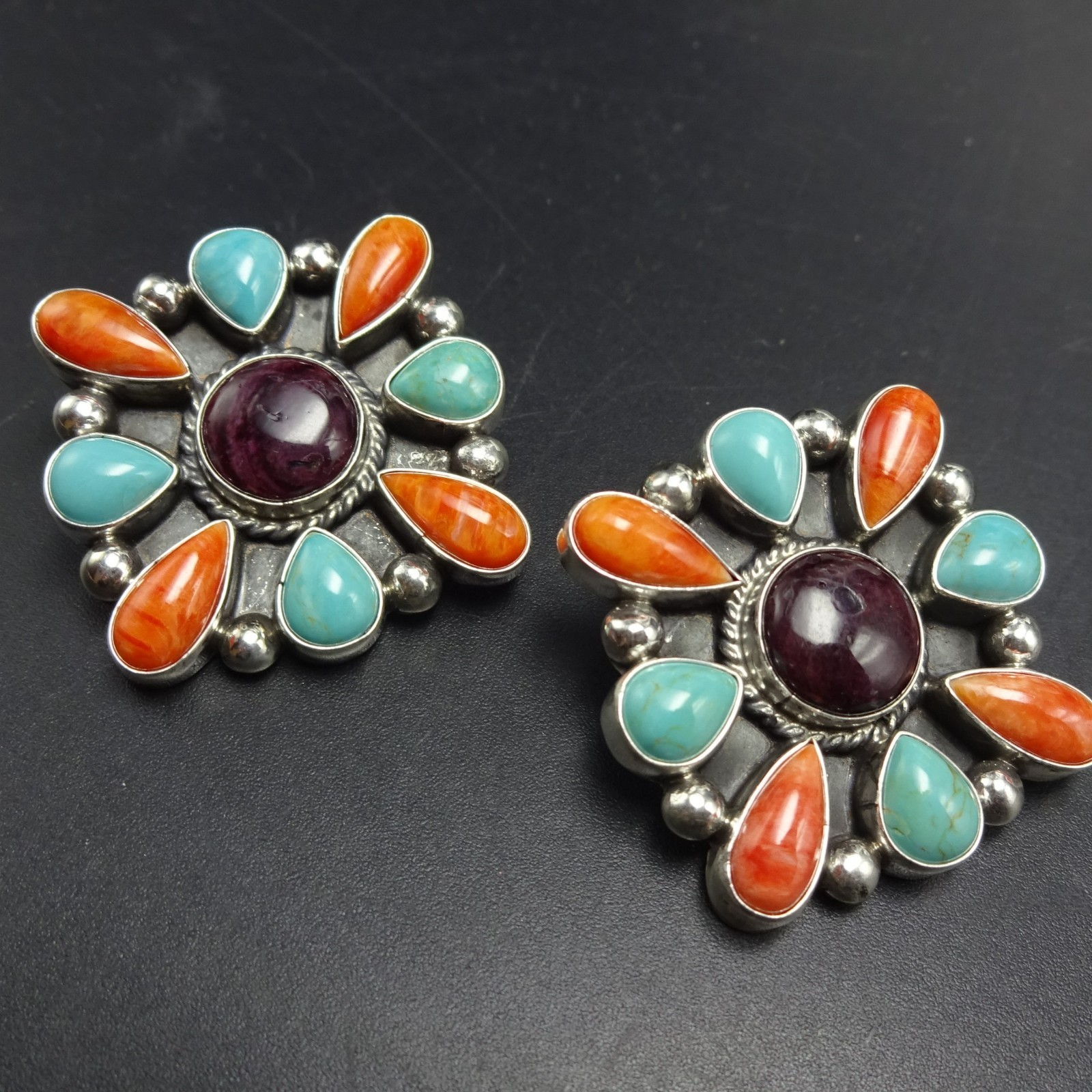 ELLA LINKIN Navajo TURQUOISE and SPINY OYSTER SHELL Sterling Silver EARRINGS