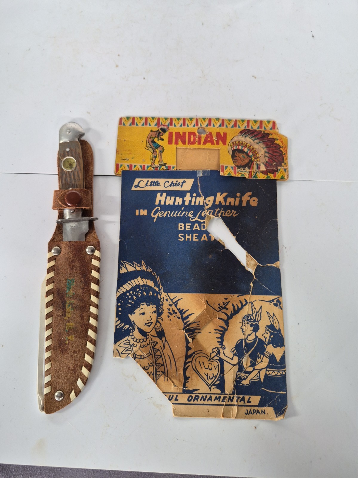 Vintage Canadian Souvenir Fixed Blade Japan Beaded Sheath Hunting Knife