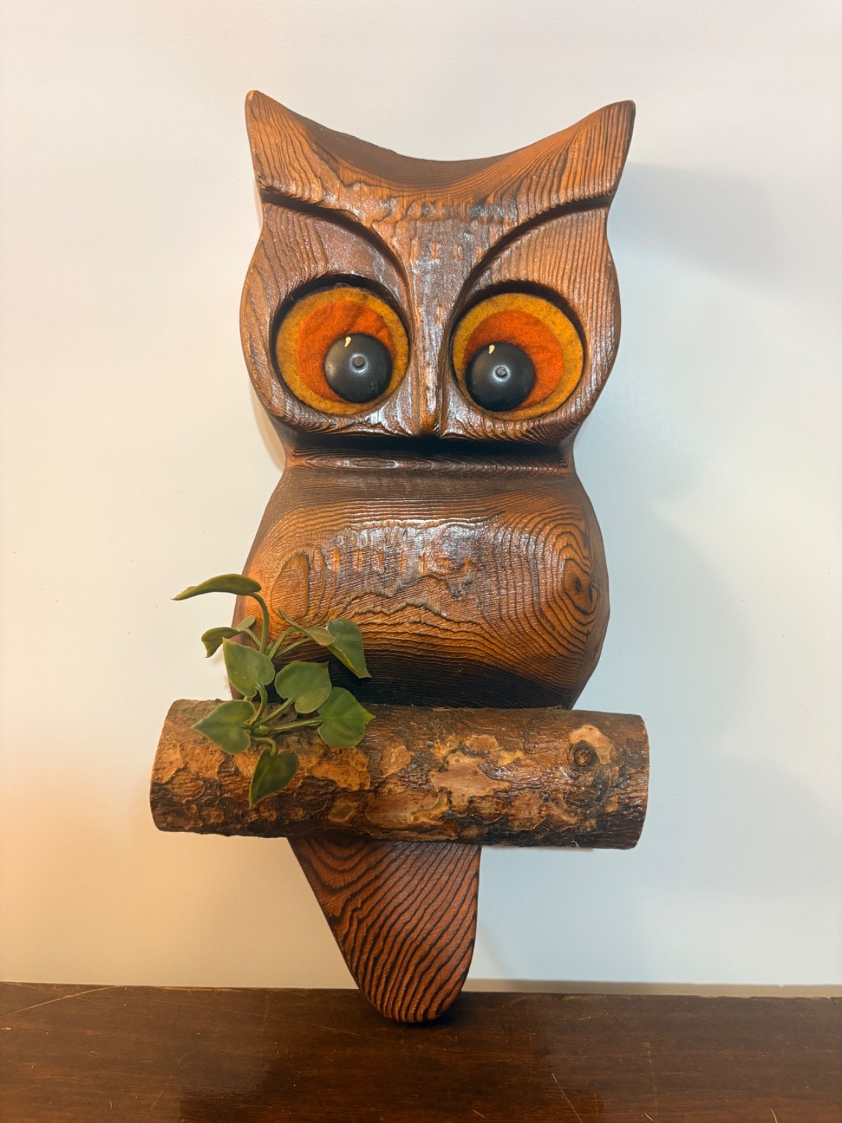 Vintage 1970's Mid Century Modern Carved Burnt Wood Owl Wall Hanging 11