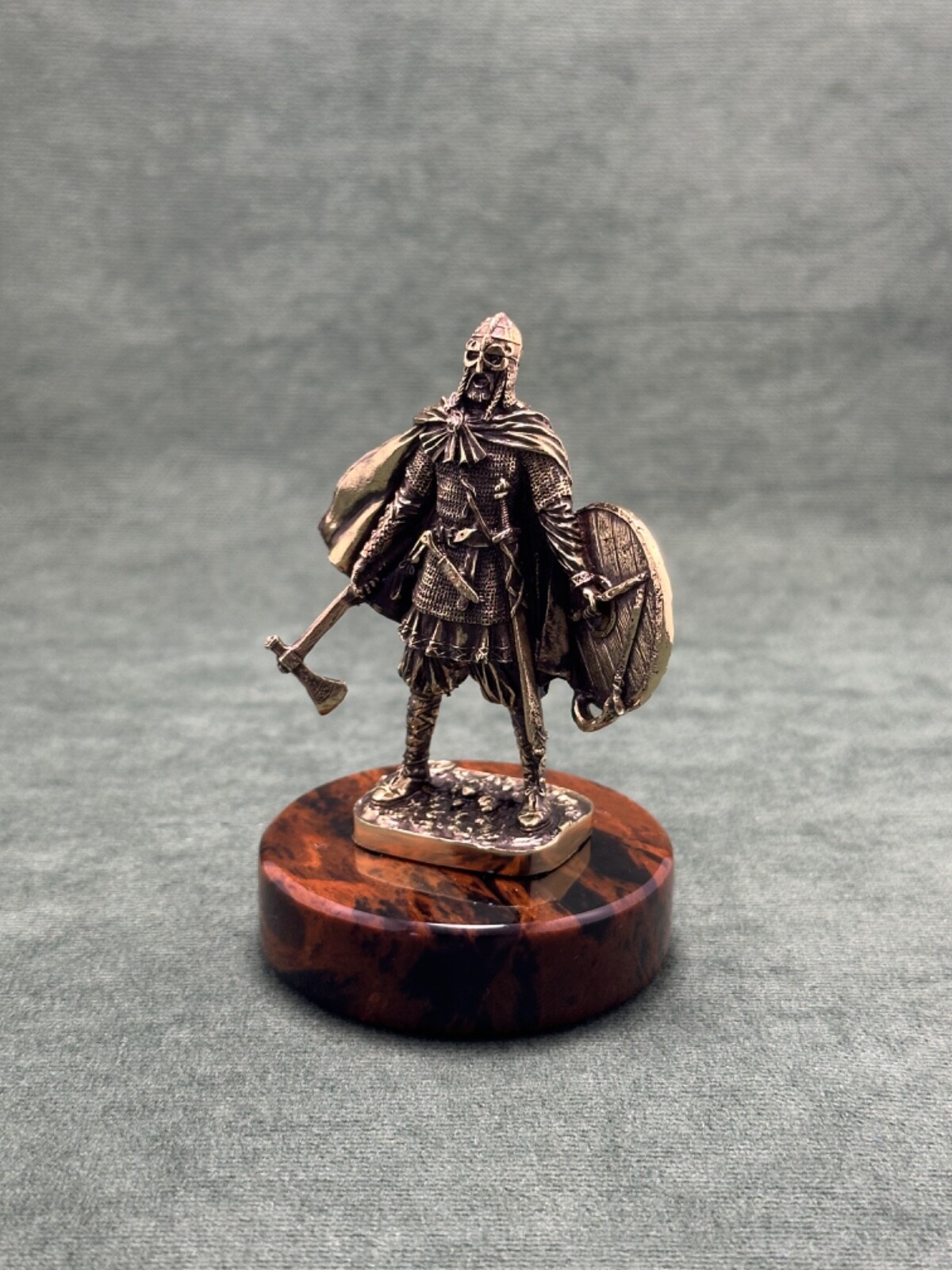 Art Deco Viking Statuette Cast Bronze Figurine Sculpture Base In Obsidian Stone