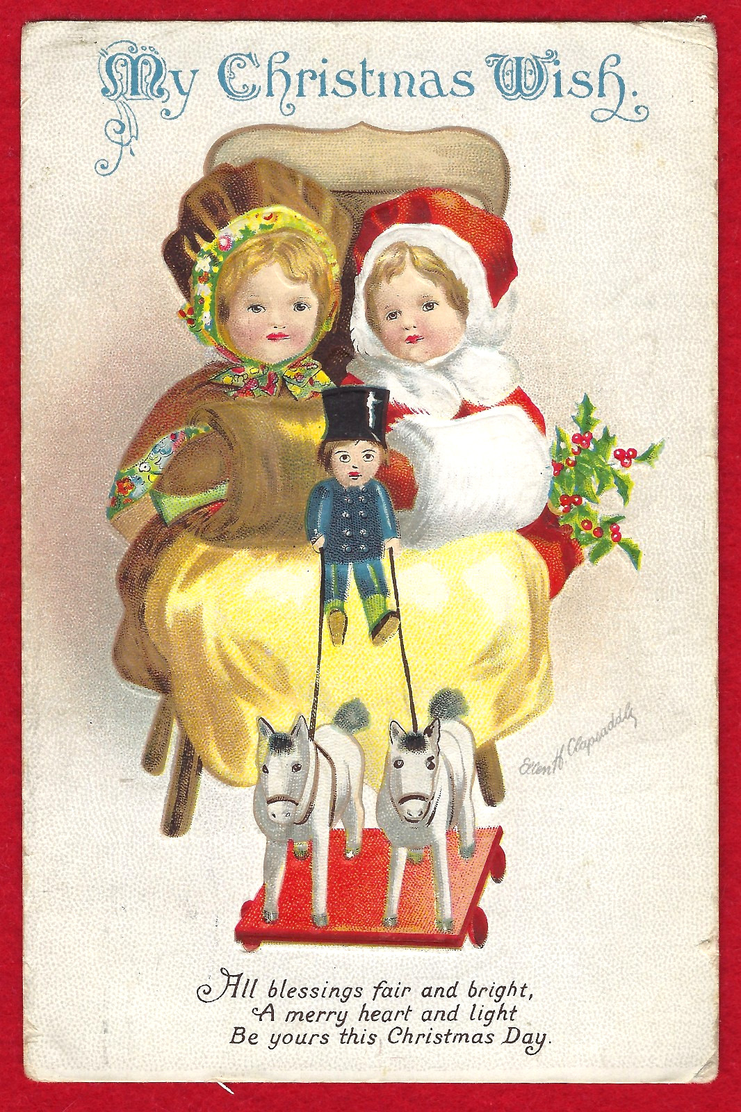 Vtg Clapsaddle Christmas Little Girls Horse Toy Driver Doll A/S Emb PC c1915