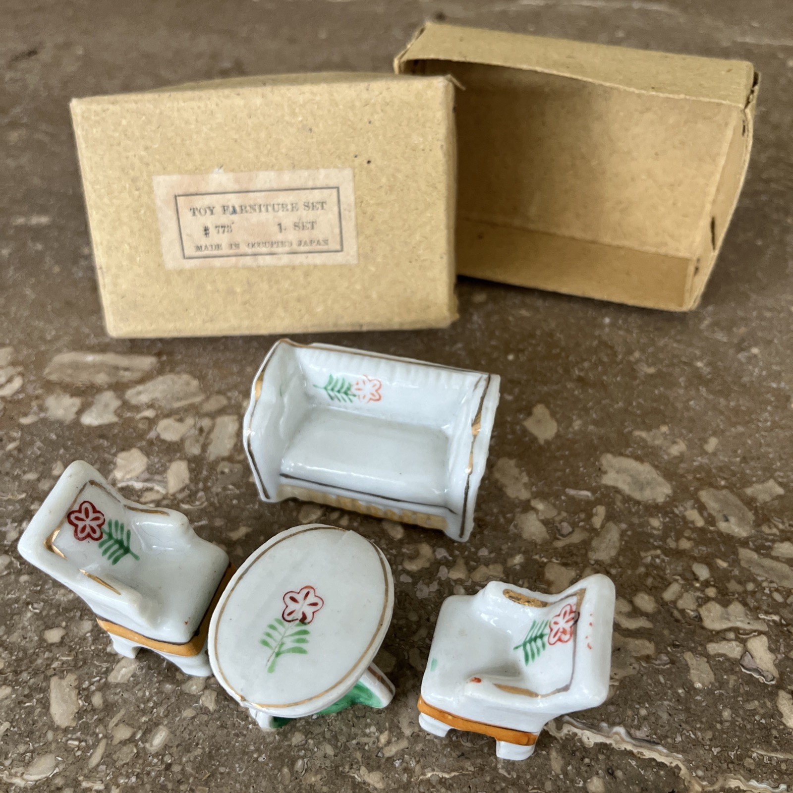 Occupied Japan Miniature Porcelain 4 Piece Parlor Set With Rare Original Box Occupied Japan Miniature Porcelain 4 Piece Parlor Set With Rare Original Box