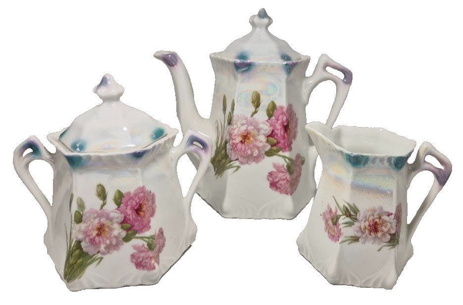 Obermann Germany Tea Set Vintage Porcelain Floral Lustre Teapot Sugar Creamer Obermann Germany Tea Set Vintage Porcelain Floral Lustre Teapot Sugar Creamer