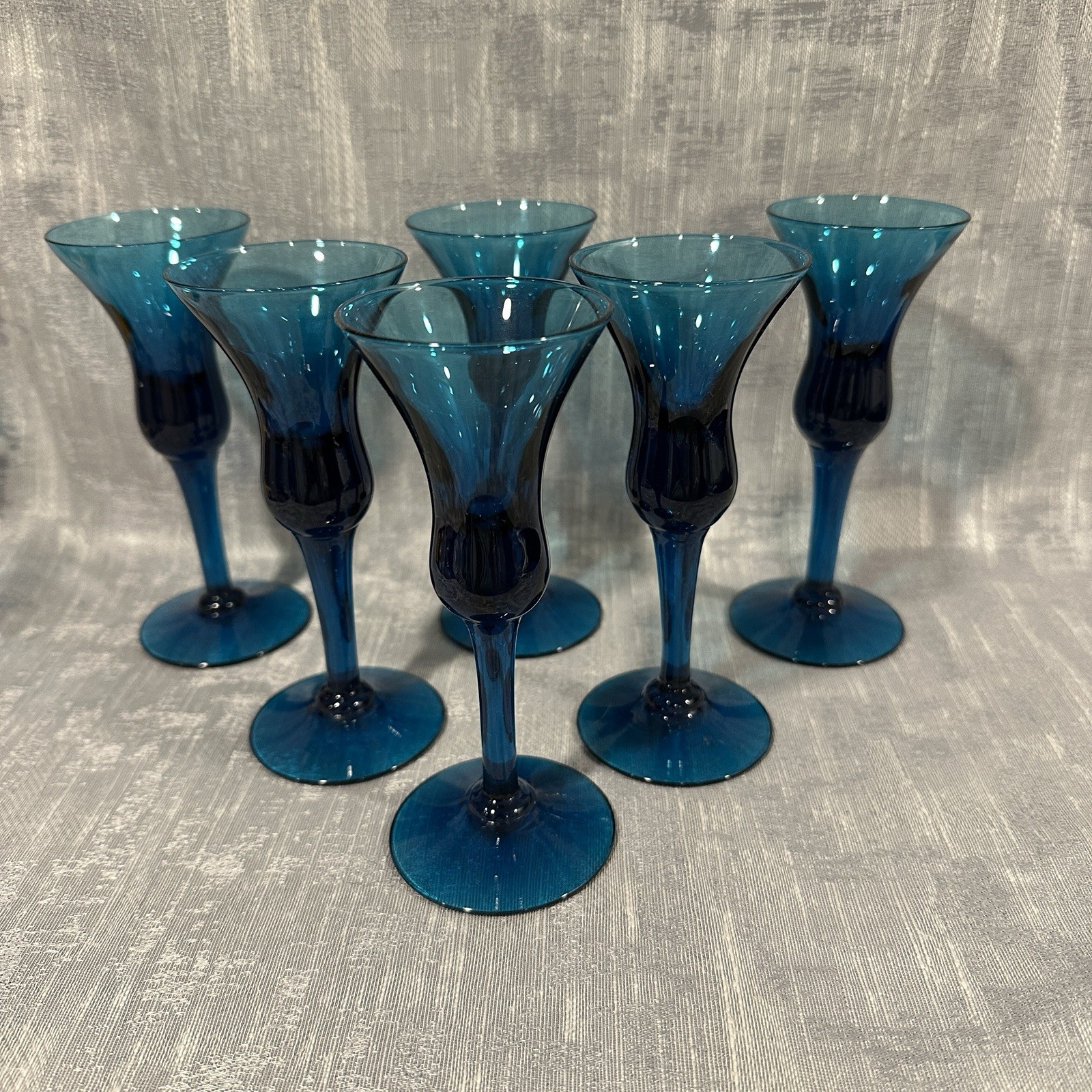 Vtg MCM Holmegaard Aperitif Cordial Glasses SET OF 6 Peacock BLUE 5.75” Danish
