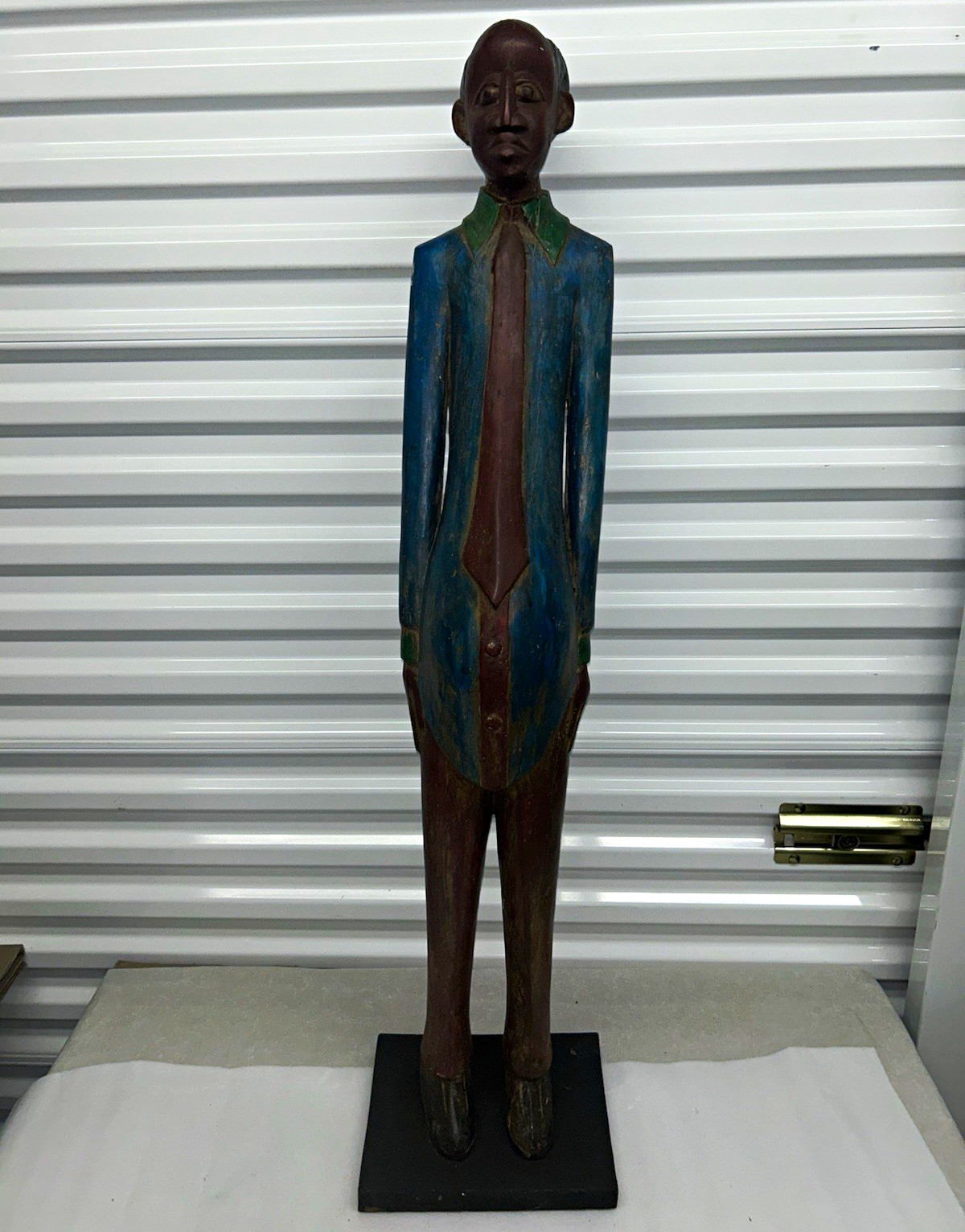 African Wooden Colon Figure Standing Male Sculpture in Blue Suit Jacket