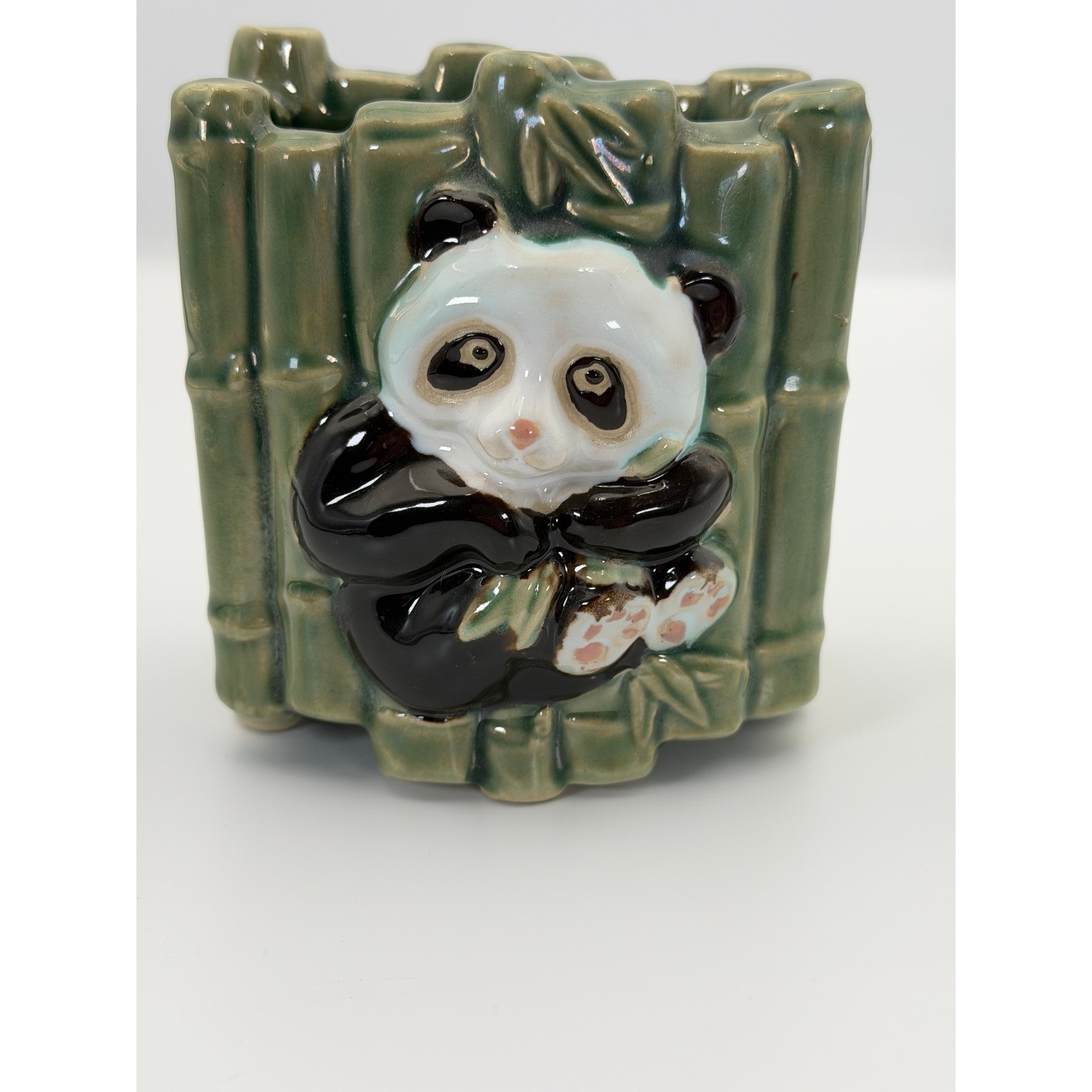Vintage Ceramic Panda Bamboo Planter Wall Pocket Vase Brush Holder Green Glaze