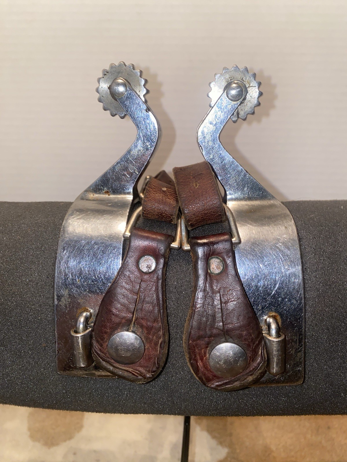 Vintage Crockett Renalde Western Spurs Curved Shanks Wide Bands Leather Straps