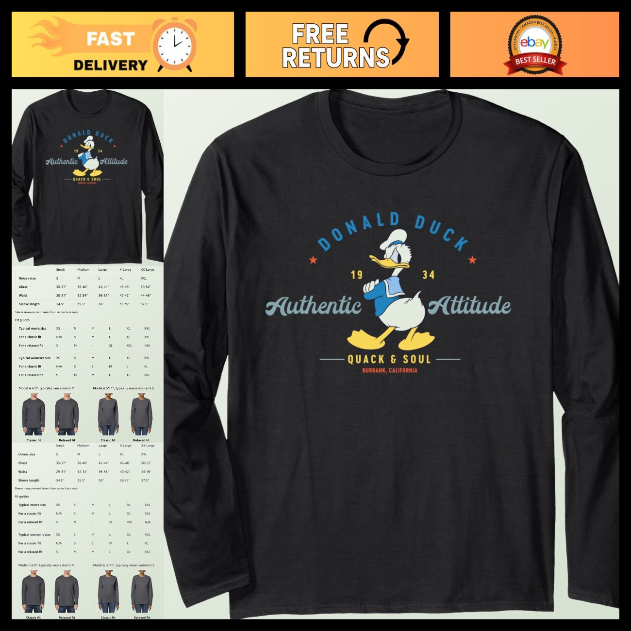 Disney Donald Duck Authentic Attitude Retro Vintage Long Sleeve T-Shirt Disney Donald Duck Authentic Attitude Retro Vintage Long Sleeve T-Shirt
