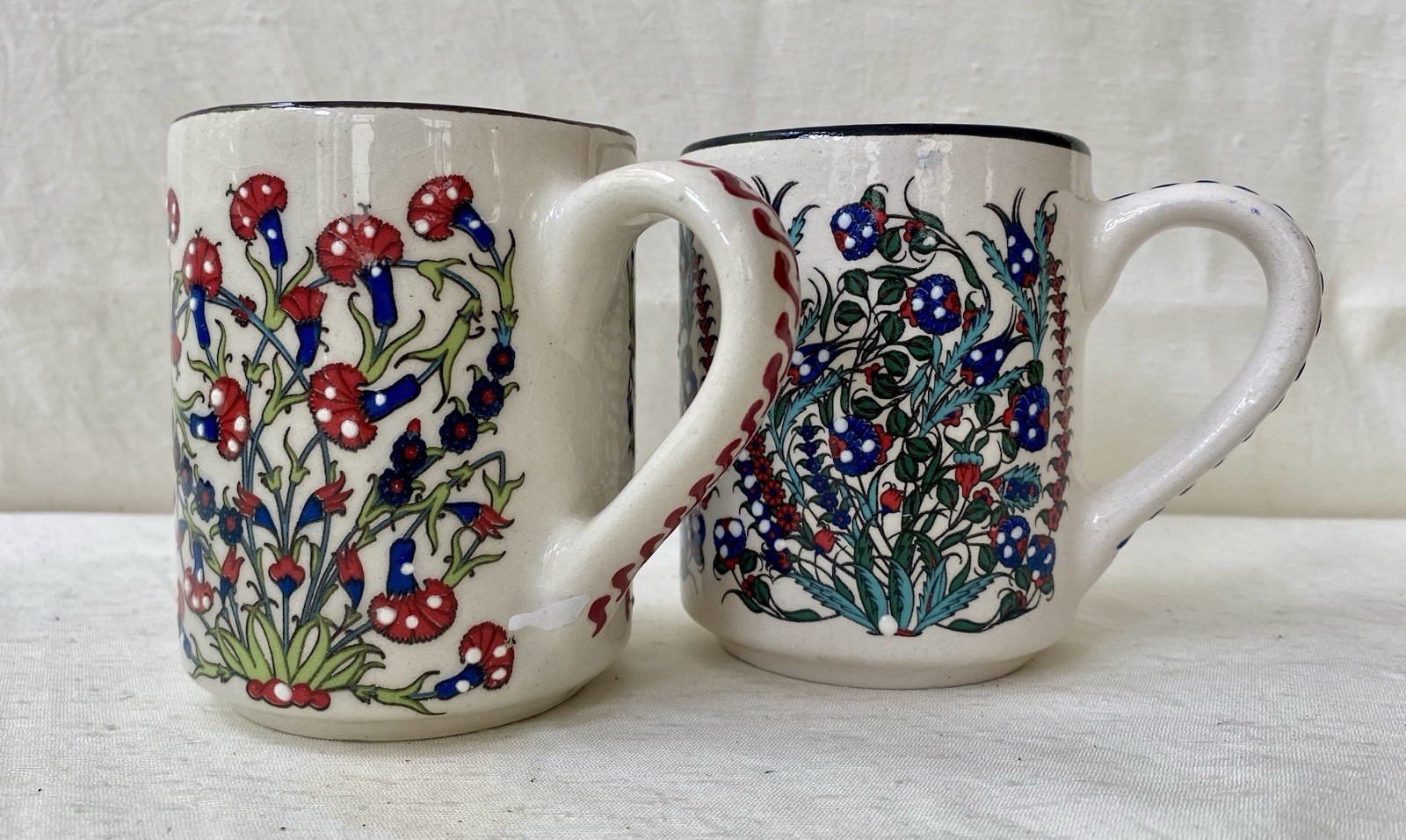 2 Nakkas Ceramic Hand Painted Mugs Cups Blue Red Green Floral Made In Turkey
