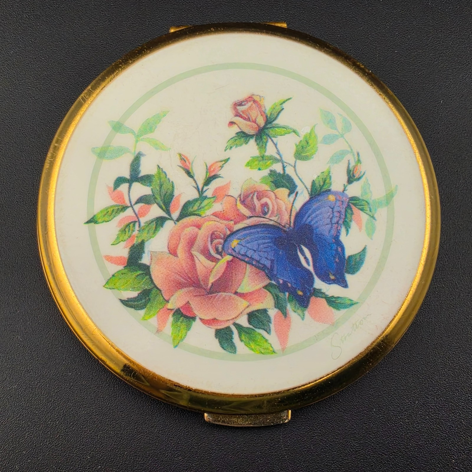 Vintage Stratton Blue Morpho 🦋Butterfly Pink Rose Gold Plated Compact 3
