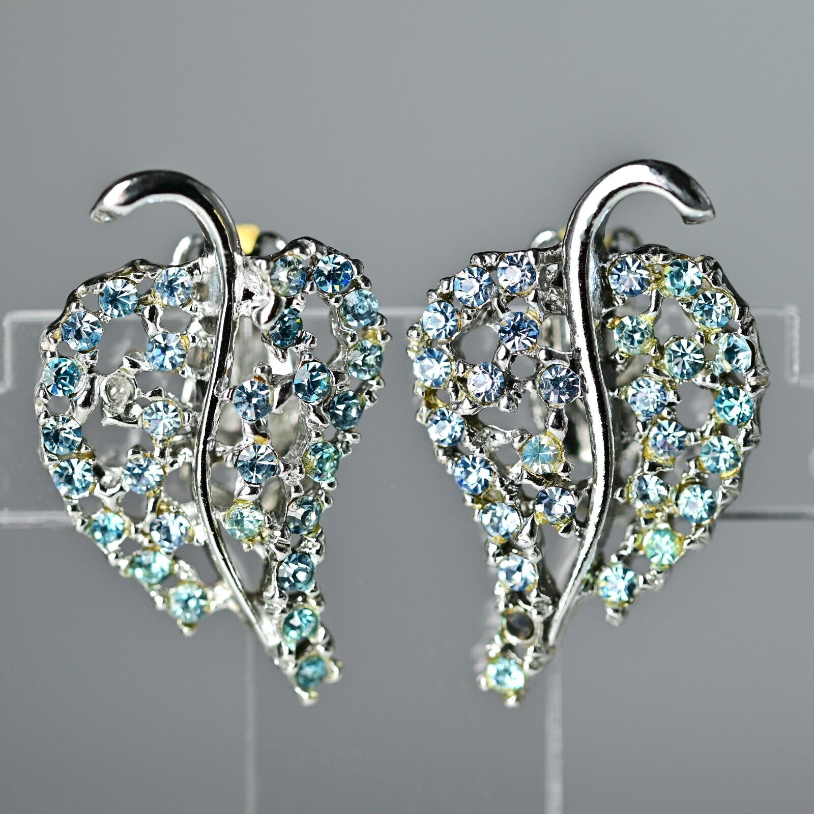 DODDS Original Vintage Signed Crystal Cut Topaz Rhinestone Leaf Estate Earrings